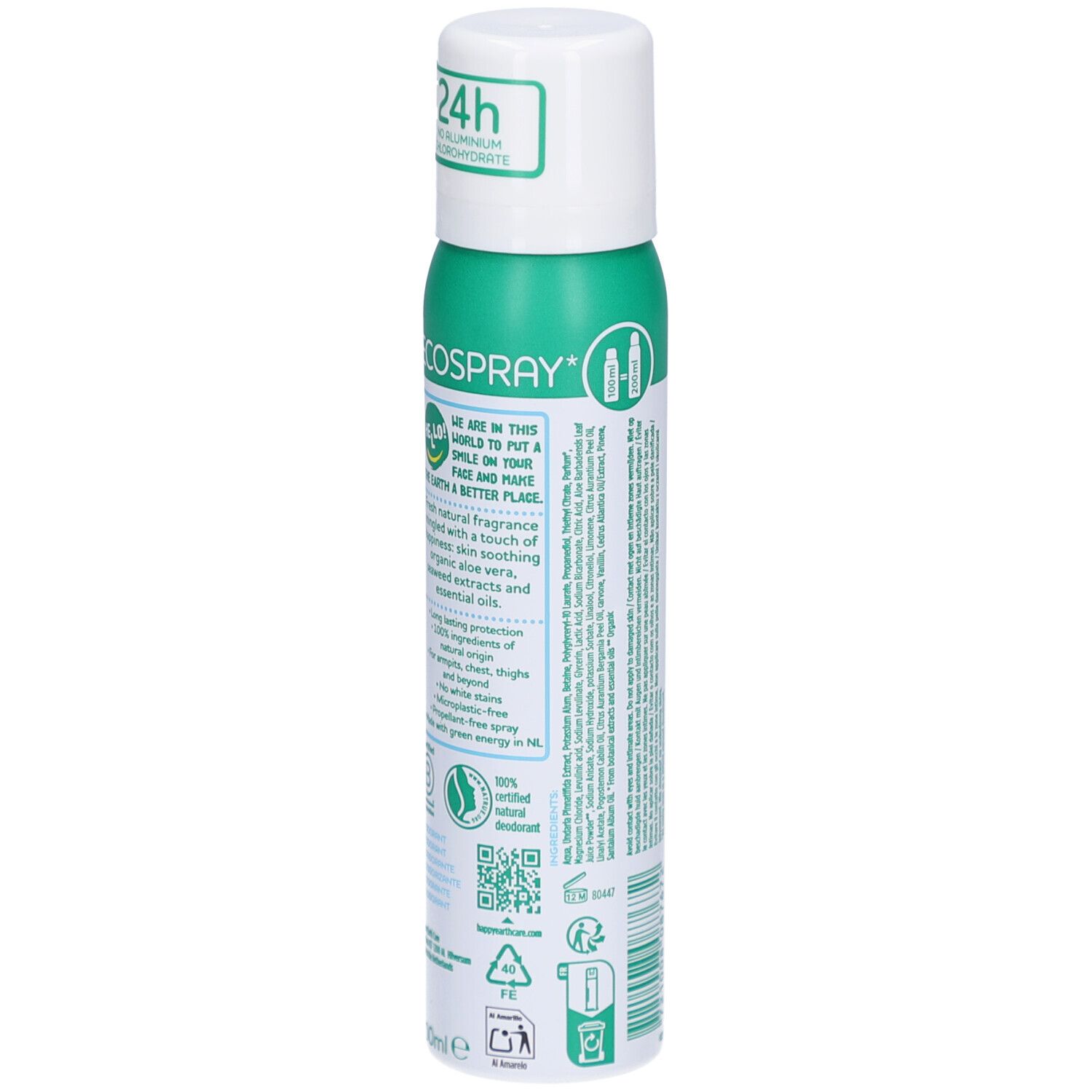 Vue latérale du déodorant en spray. Texte: 24h, Ecospray, ingrédients, certifications. Tête verte. 75ml.