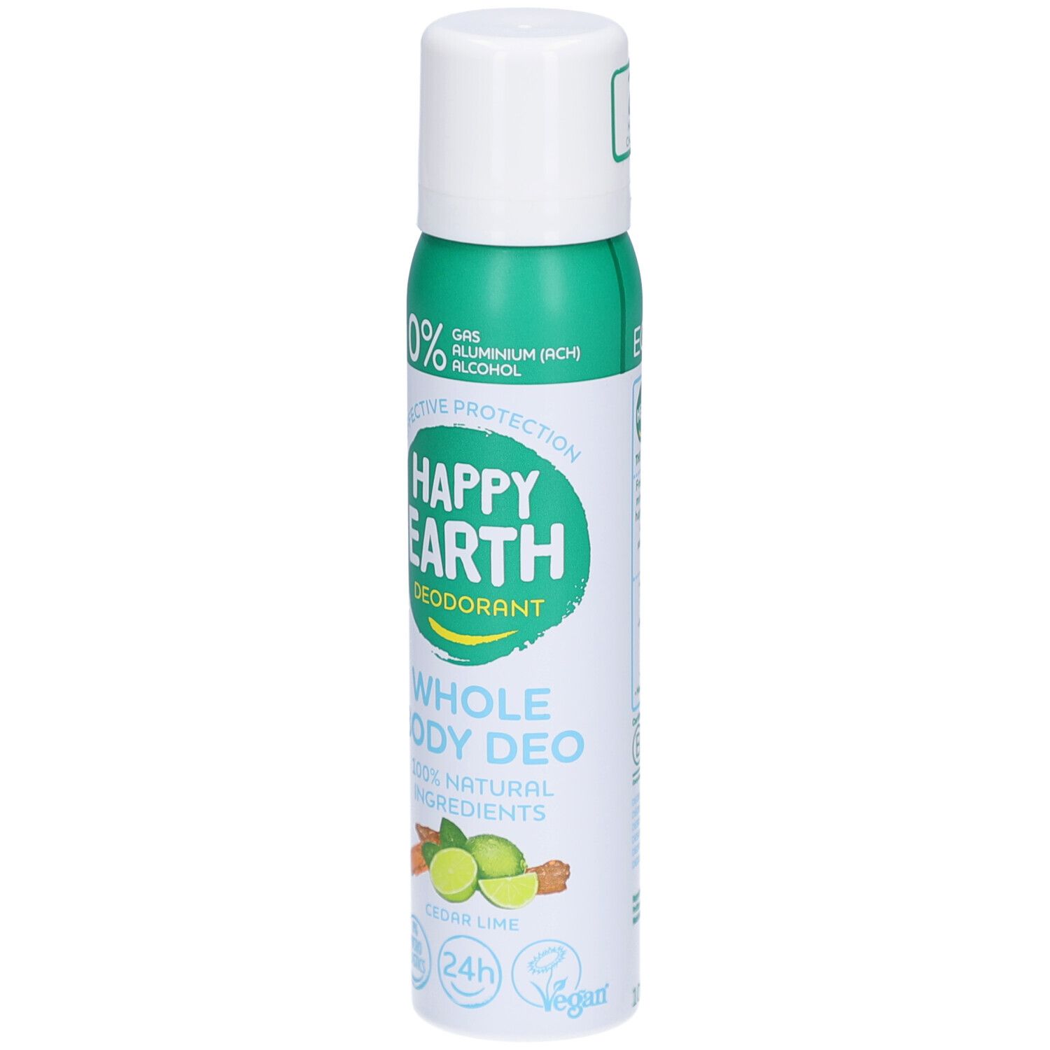 Déodorant en spray avec bouchon blanc. Inscription: Happy Earth, Whole Body Deo, 100% ingrédients naturels, cèdre-citron vert. 0% aluminium.