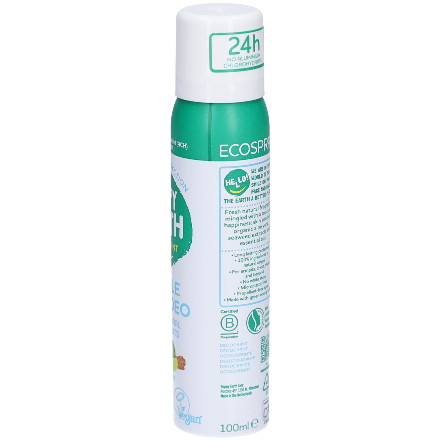 Vue latérale du déodorant en spray. Texte: 24h, Ecospray, ingrédients, certifications. Tête verte. 100ml.
