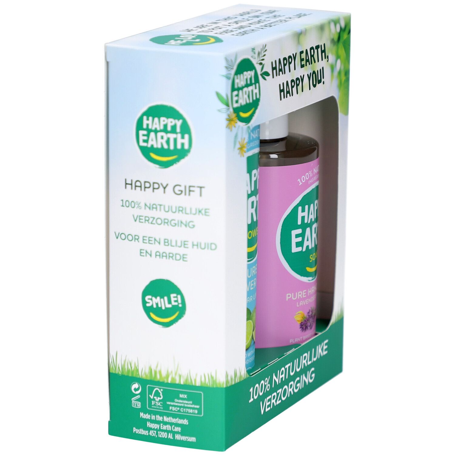 Coffret cadeau avec gel douche et savon pour les mains. Bouteille rose visible. Inscription: Happy Earth, 100% naturel. Emballage avec logo FSC.
