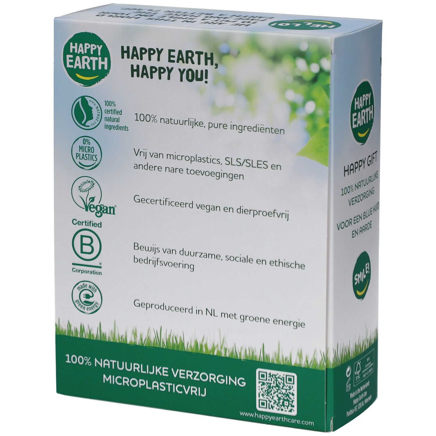 Dos du coffret cadeau. Texte: ingrédients 100% naturels, végétalien, sans microplastiques. Certification B Corp. Code QR.