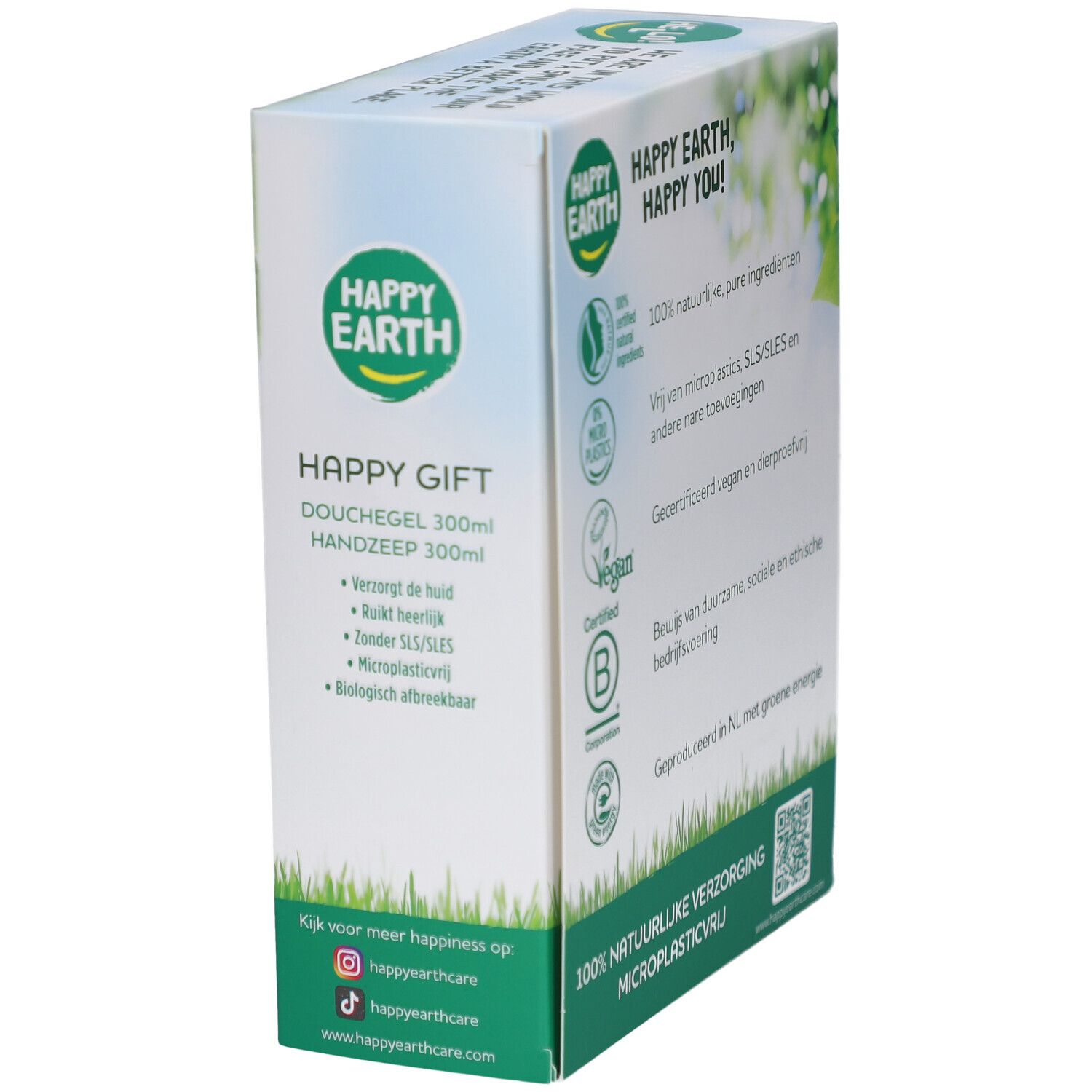 Vue latérale du coffret cadeau. Texte: gel douche, savon mains, 300ml. Sans SLS/SLES, sans microplastiques. Certification B Corp. Code QR.