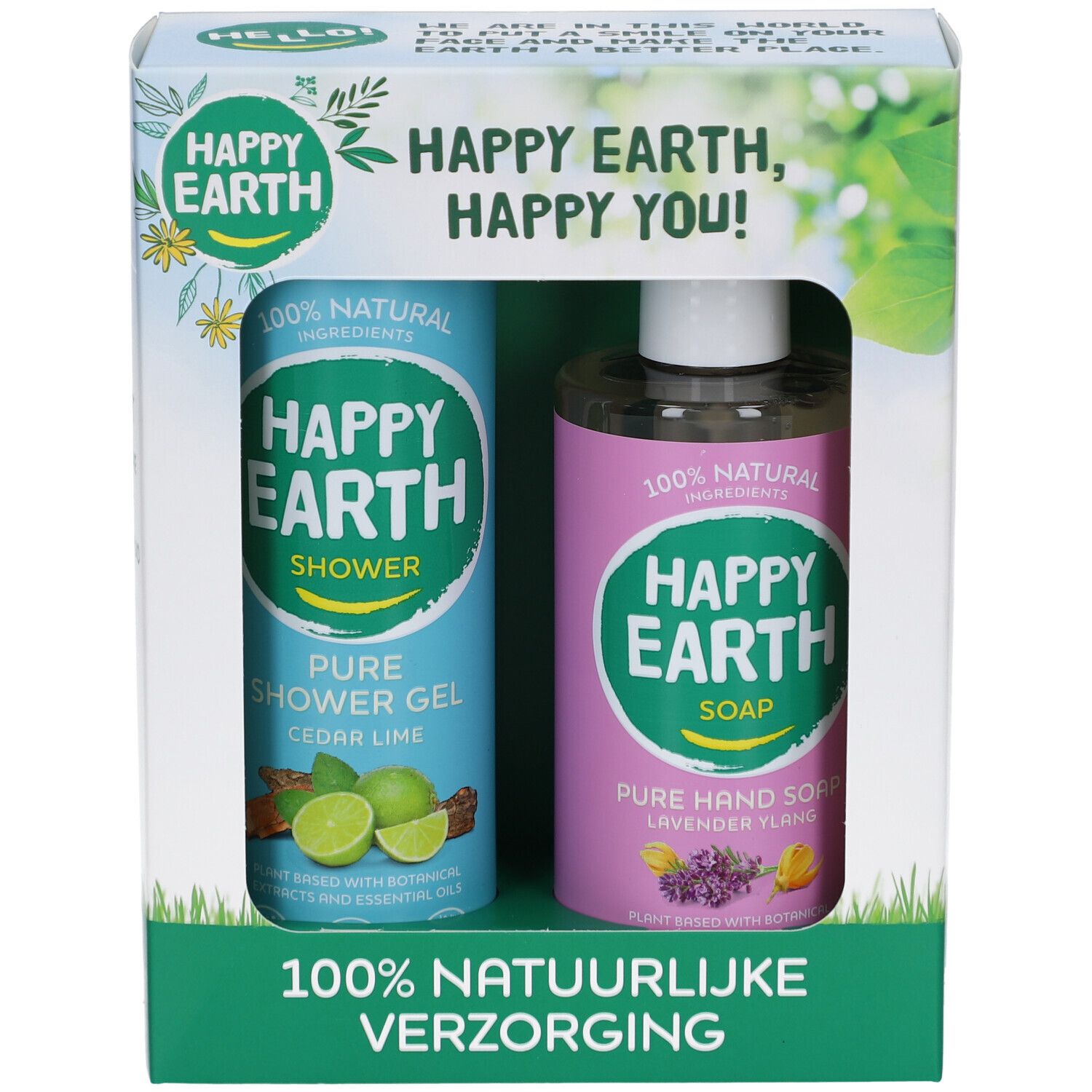 Coffret cadeau avec gel douche et savon pour les mains. Bouteilles bleues et roses dans une boîte blanche. Inscription: Happy Earth, 100% naturel.