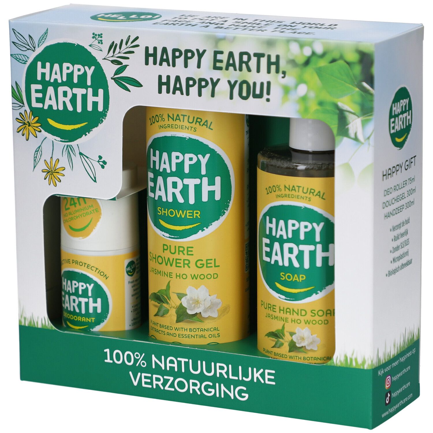 Coffret cadeau Happy Earth avec déodorant, gel douche et savon pour les mains. Emballage jaune avec éléments floraux.