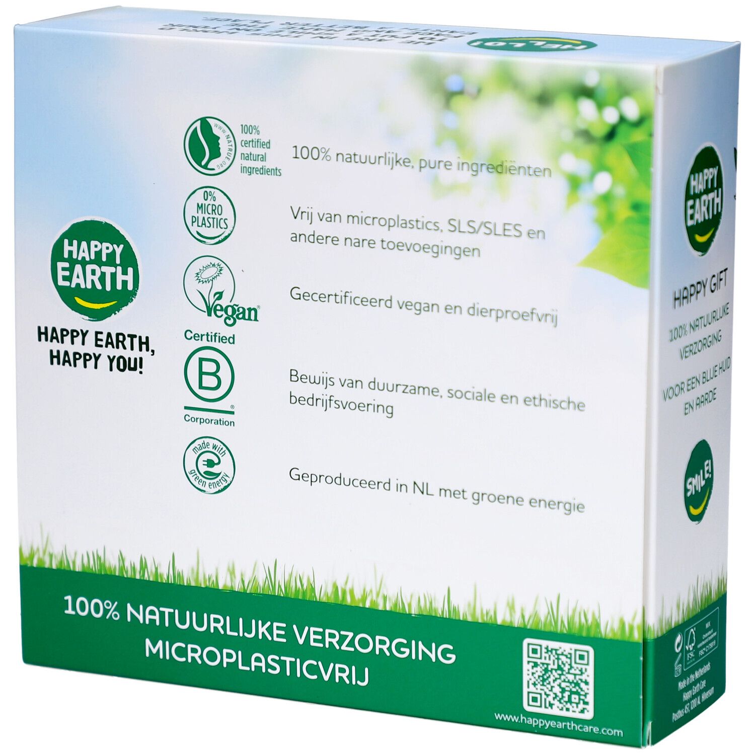 Dos du coffret cadeau. Texte : ingrédients naturels à 100%, vegan, sans microplastiques. Marque : Happy Earth.