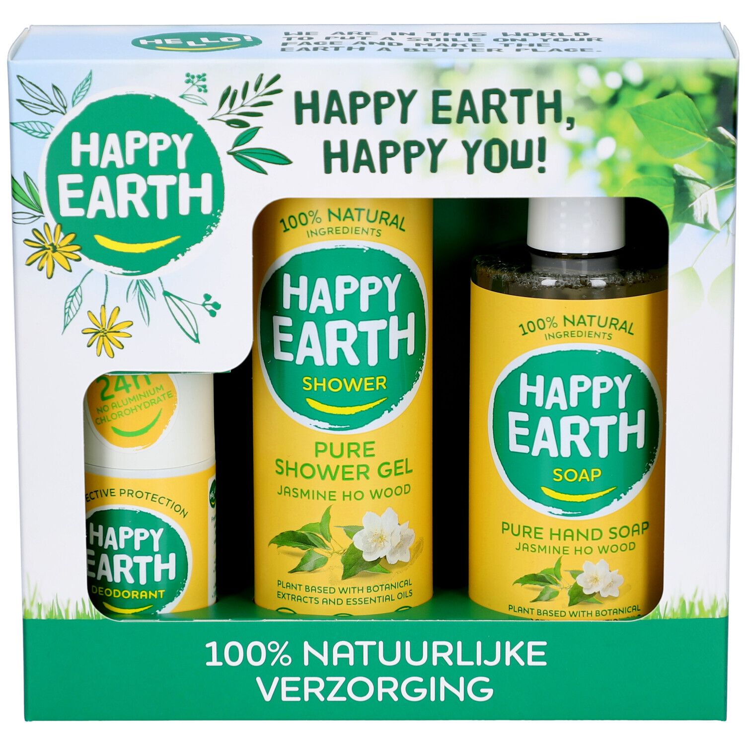 Coffret cadeau Happy Earth avec déodorant, gel douche et savon pour les mains. Emballage jaune avec éléments floraux.