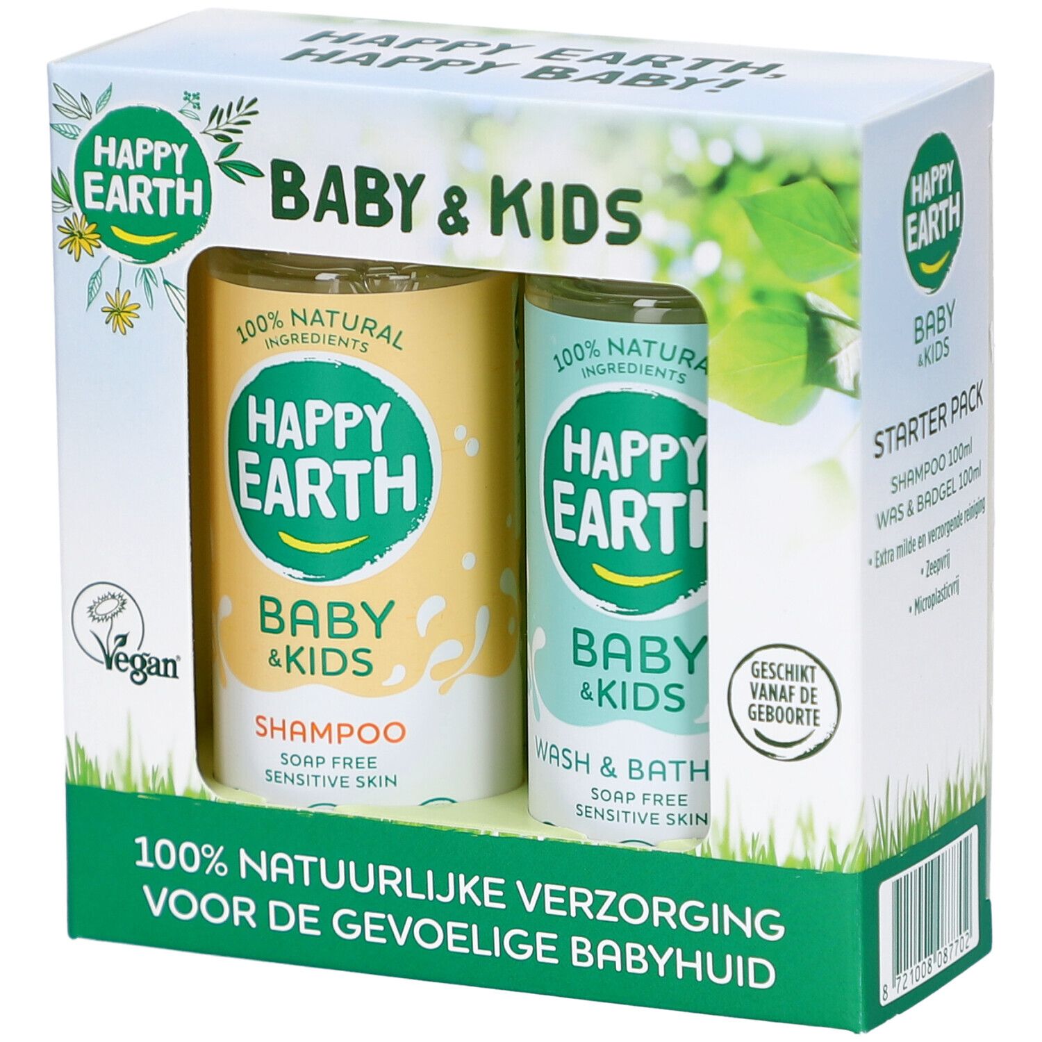 Coffret cadeau Happy Earth pour bébés et enfants. Contient un shampooing et un gel lavant, avec logo et mentions.