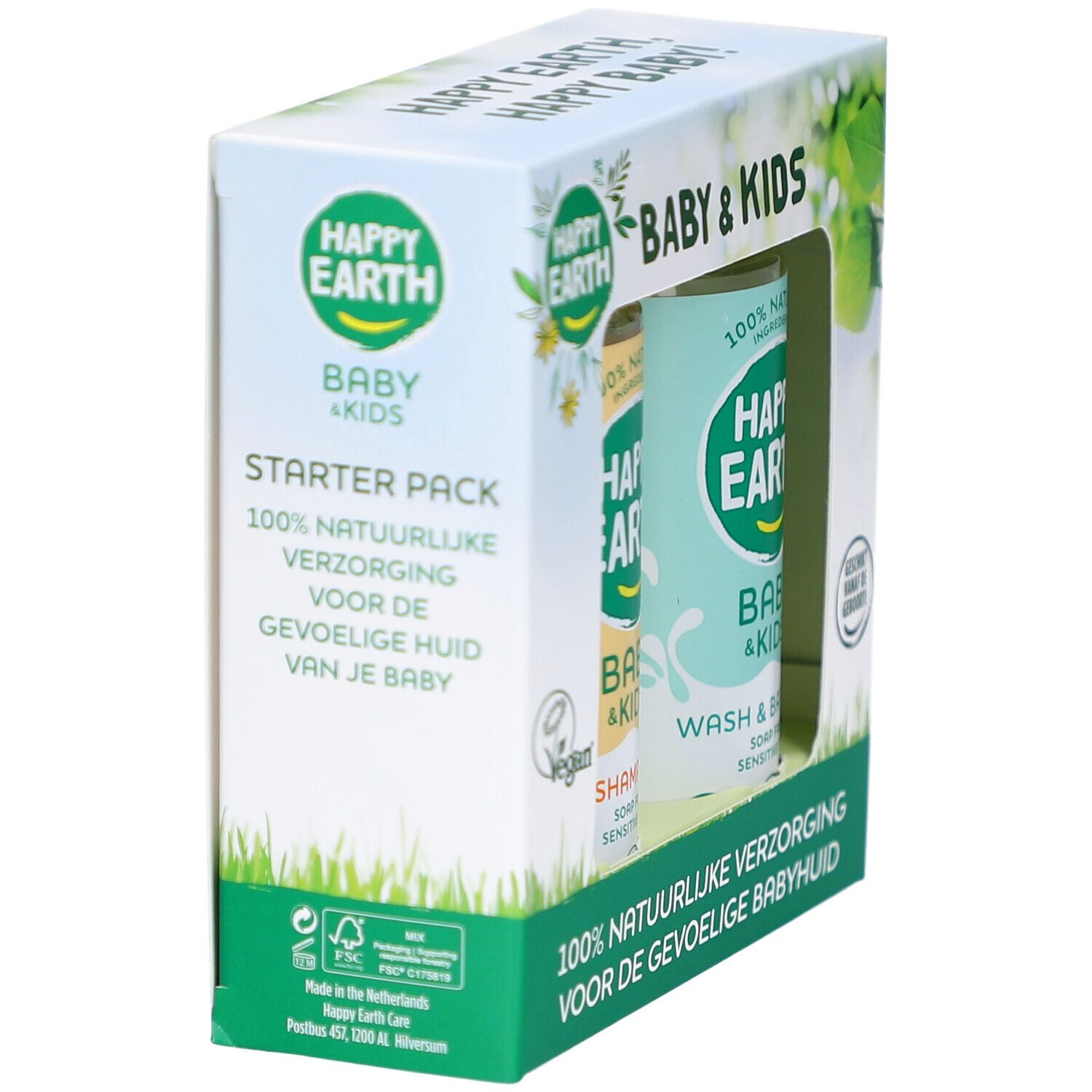 Emballage du coffret Happy Earth. Contient shampooing et gel lavant. Labels vegan et FSC visibles.