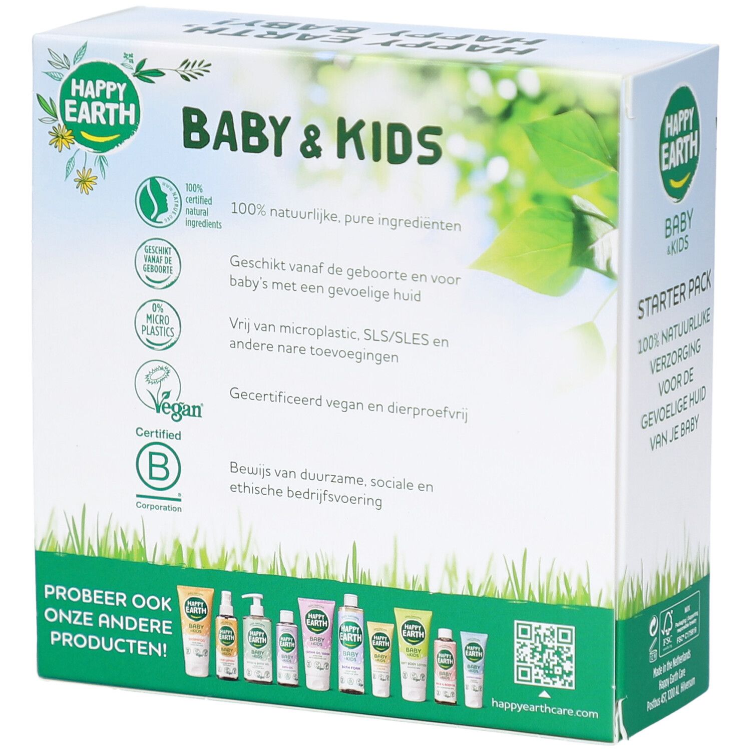 Dos du coffret Happy Earth. Texte et logos, dont label vegan et B Corp.