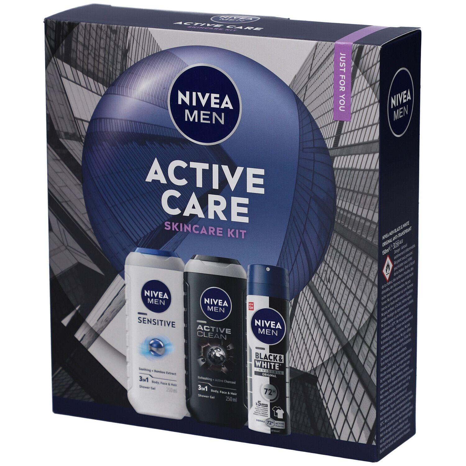 NIVEA MEN cadeauverpakking met drie producten: douchegel, douchegel en deodorant. Verpakt in een rechthoekige doos met logo.