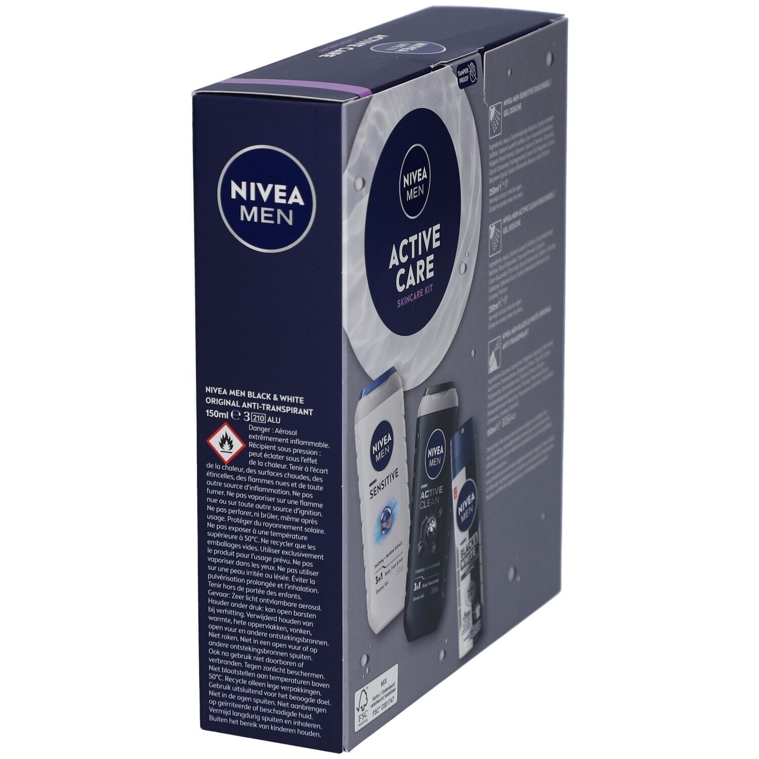 Geschenkverpakking met NIVEA MEN producten. Achterkant met productinformatie en ingrediënten. Bevat douchegel en deodorant.