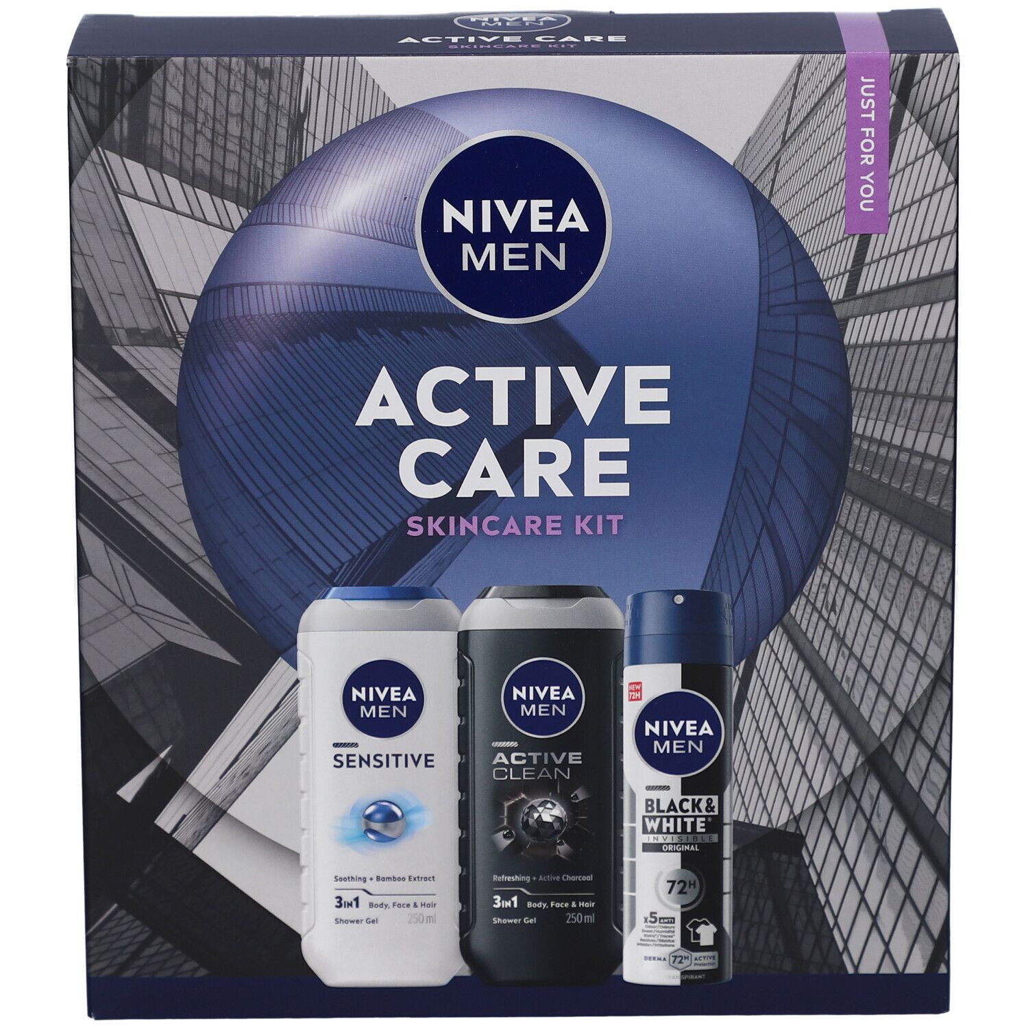 Cadeauset met drie NIVEA MEN producten: douchegel, douchegel en deodorant. Verpakt in een rechthoekige doos.