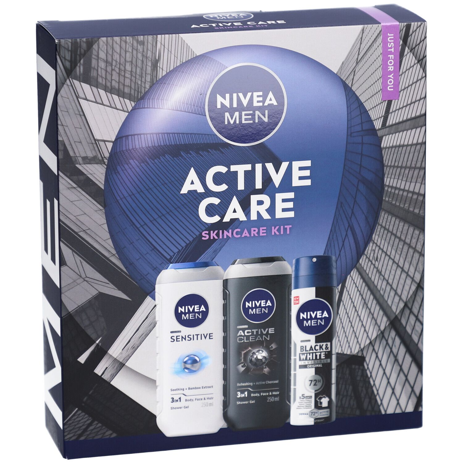 Cadeauset met drie NIVEA MEN producten: douchegel, douchegel en deodorant. Verpakt in een rechthoekige doos.