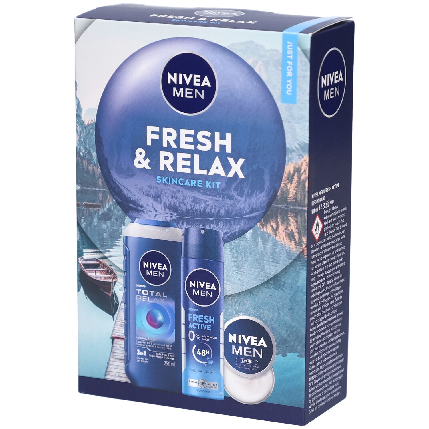 NIVEA MEN Fresh & Relax Skincare Kit. Doos met douchegel, deodorant en crème. Blauwe verpakking met productafbeeldingen.