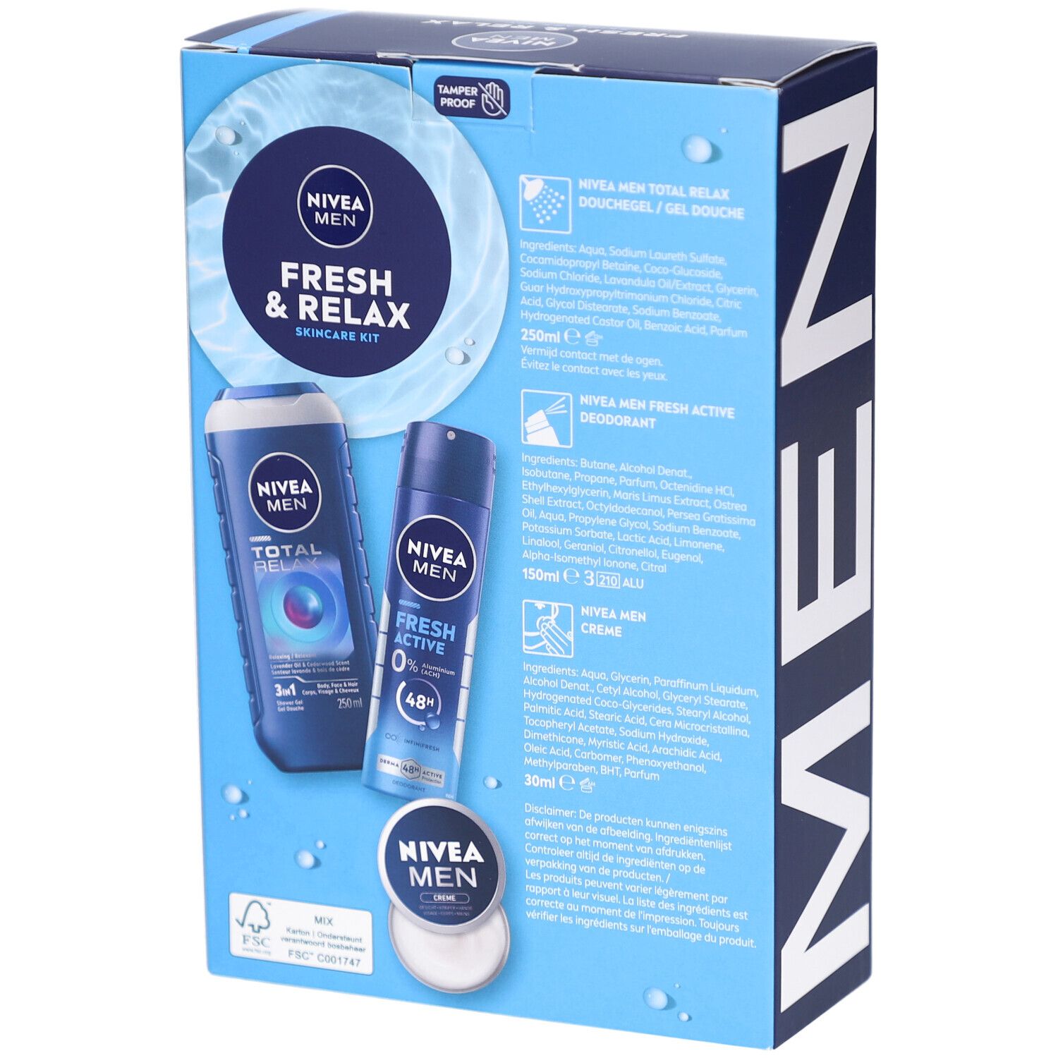Achterkant van de NIVEA MEN Fresh & Relax Skincare Kit. Productinformatie en ingrediënten op blauwe achtergrond.