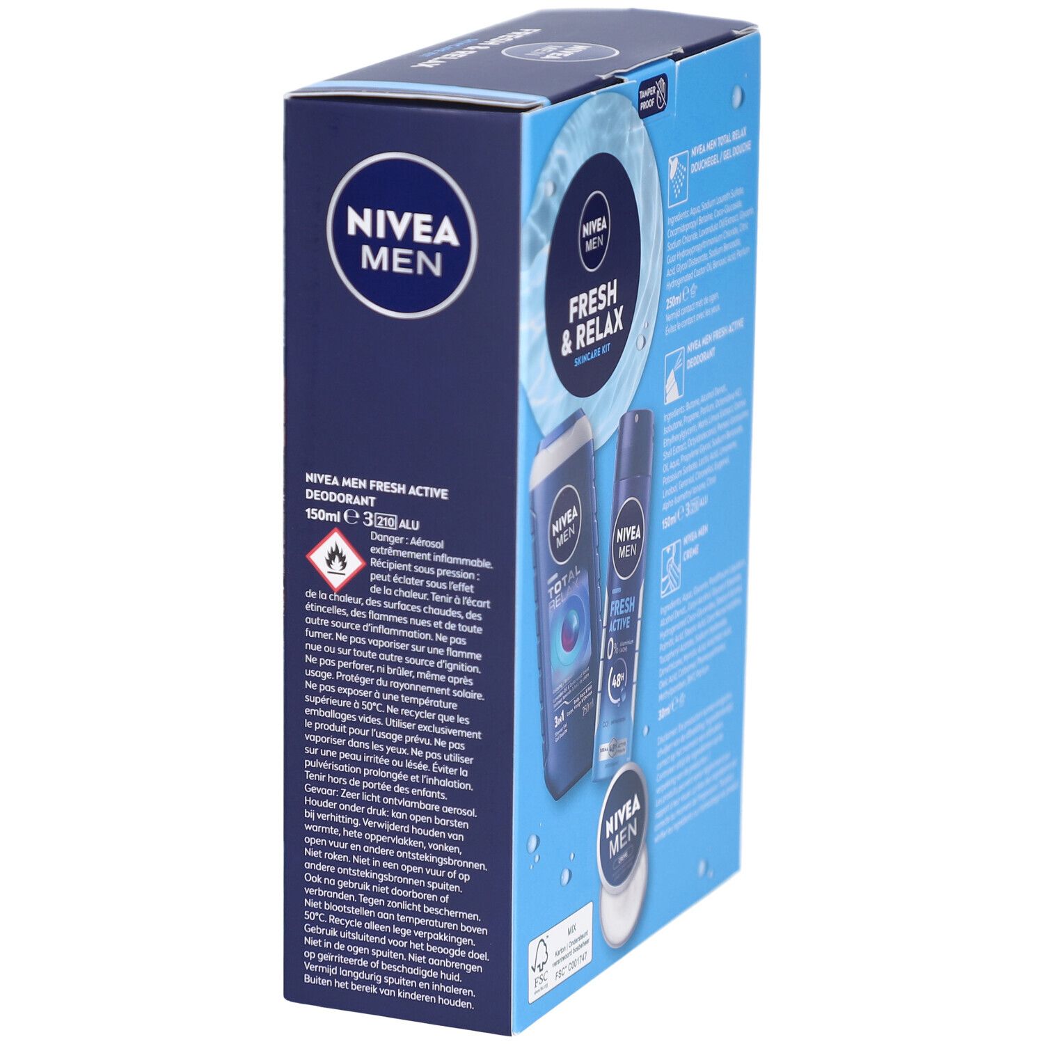 NIVEA MEN Fresh & Relax Skincare Kit. Schuin zicht op de doos. Productafbeeldingen en waarschuwingen.