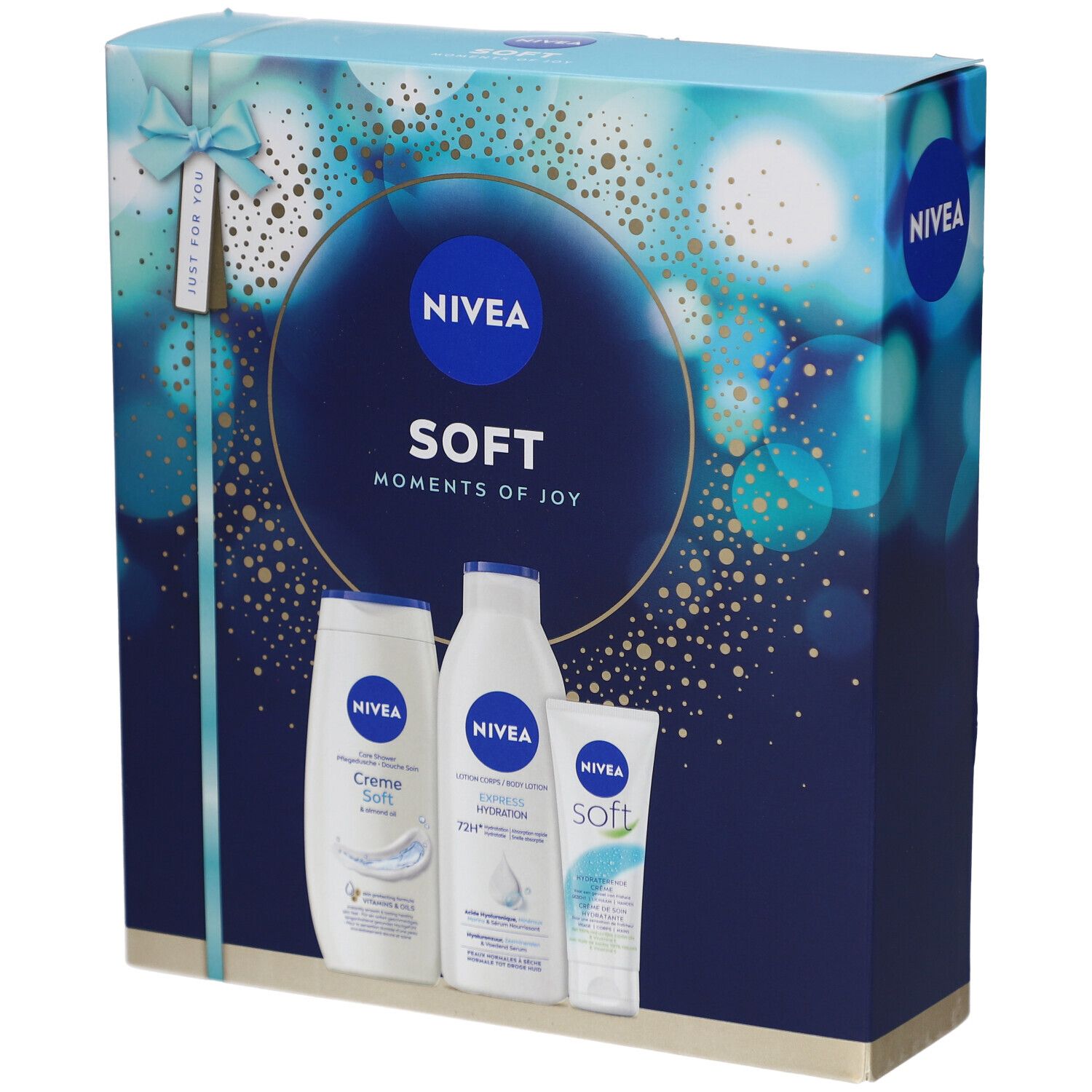 Geschenkverpakking met drie NIVEA-producten. Blauwe verpakking met strik en productafbeeldingen. Opschrift: SOFT Moments of Joy.