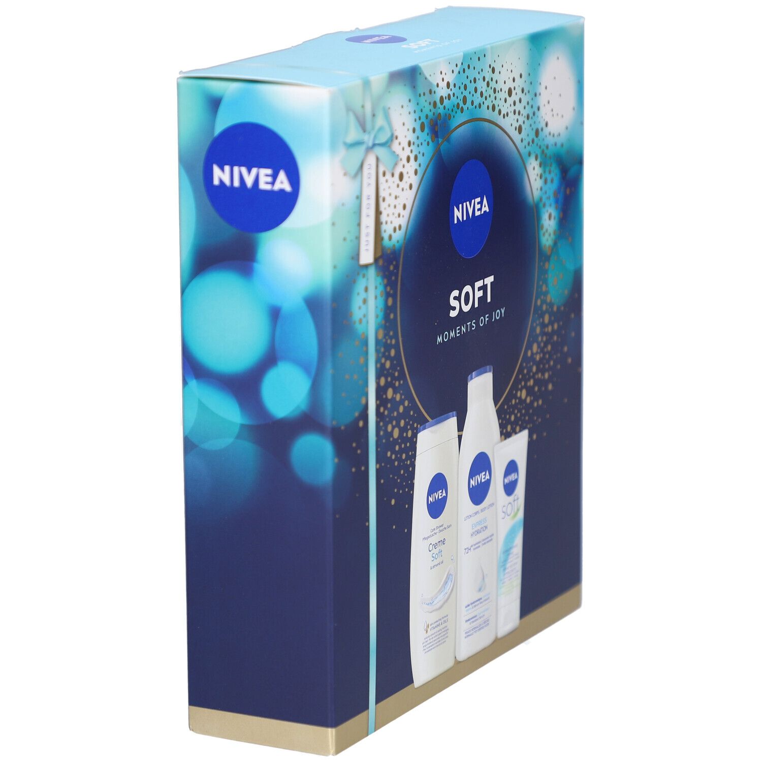 NIVEA geschenkverpakking, blauwe verpakking met strik. Zijaanzicht met productafbeeldingen. Opschrift: SOFT Moments of Joy.