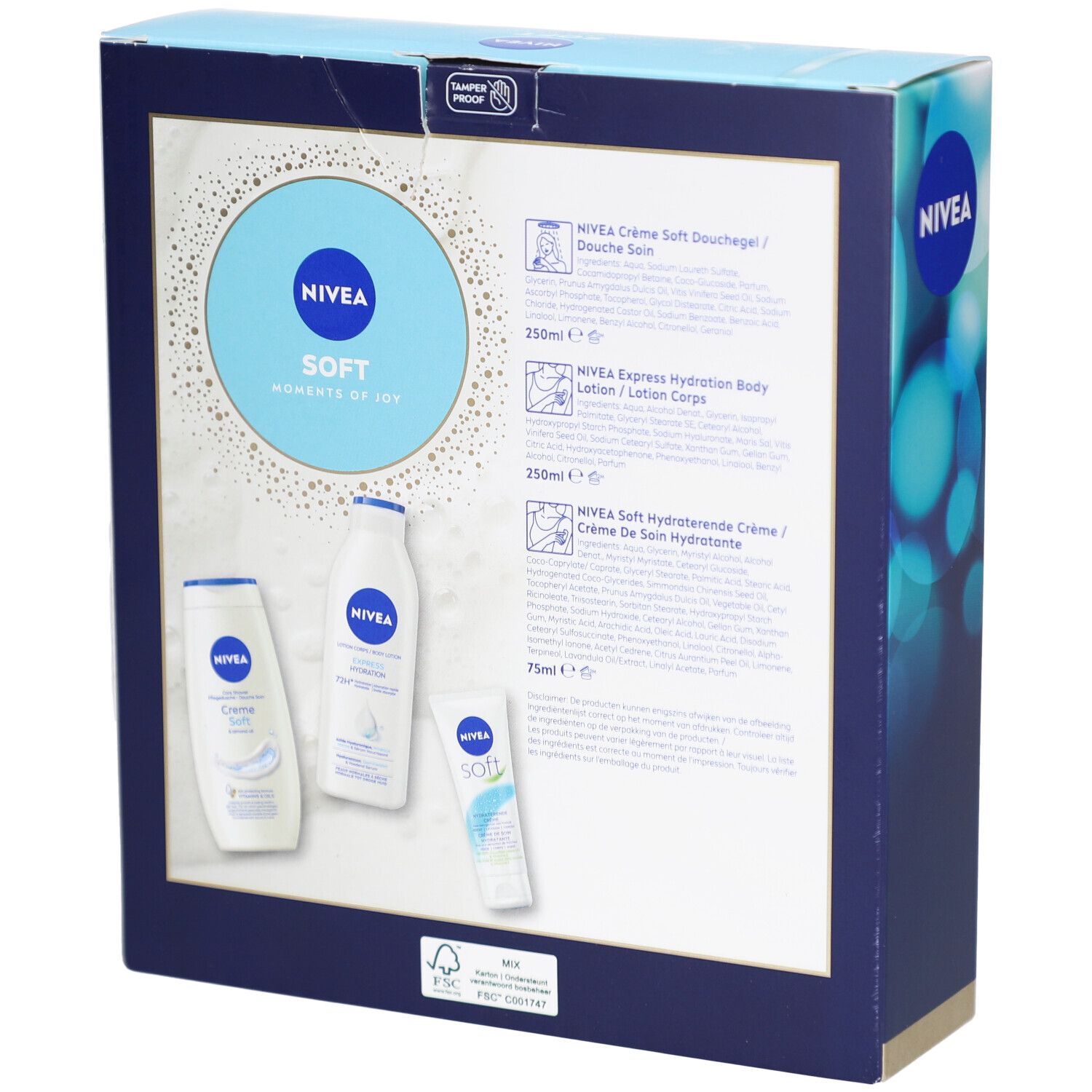 Achterkant van de geschenkverpakking met productinformatie. NIVEA-producten afgebeeld. Tekst in het Duits, Frans, Italiaans. FSC-logo.
