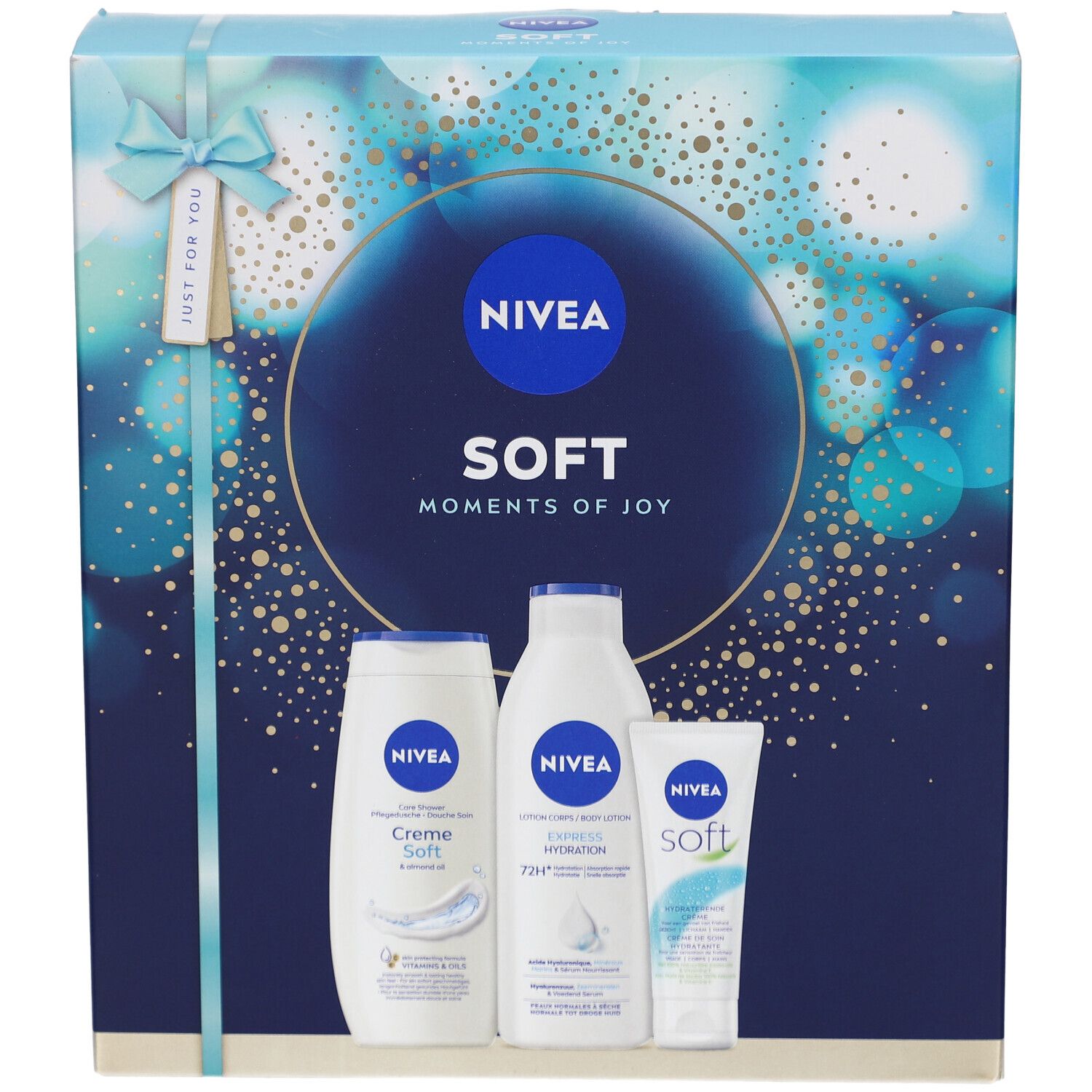 Geschenkverpakking met drie NIVEA-producten. Blauwe verpakking met strik en productafbeeldingen. Opschrift: SOFT Moments of Joy.