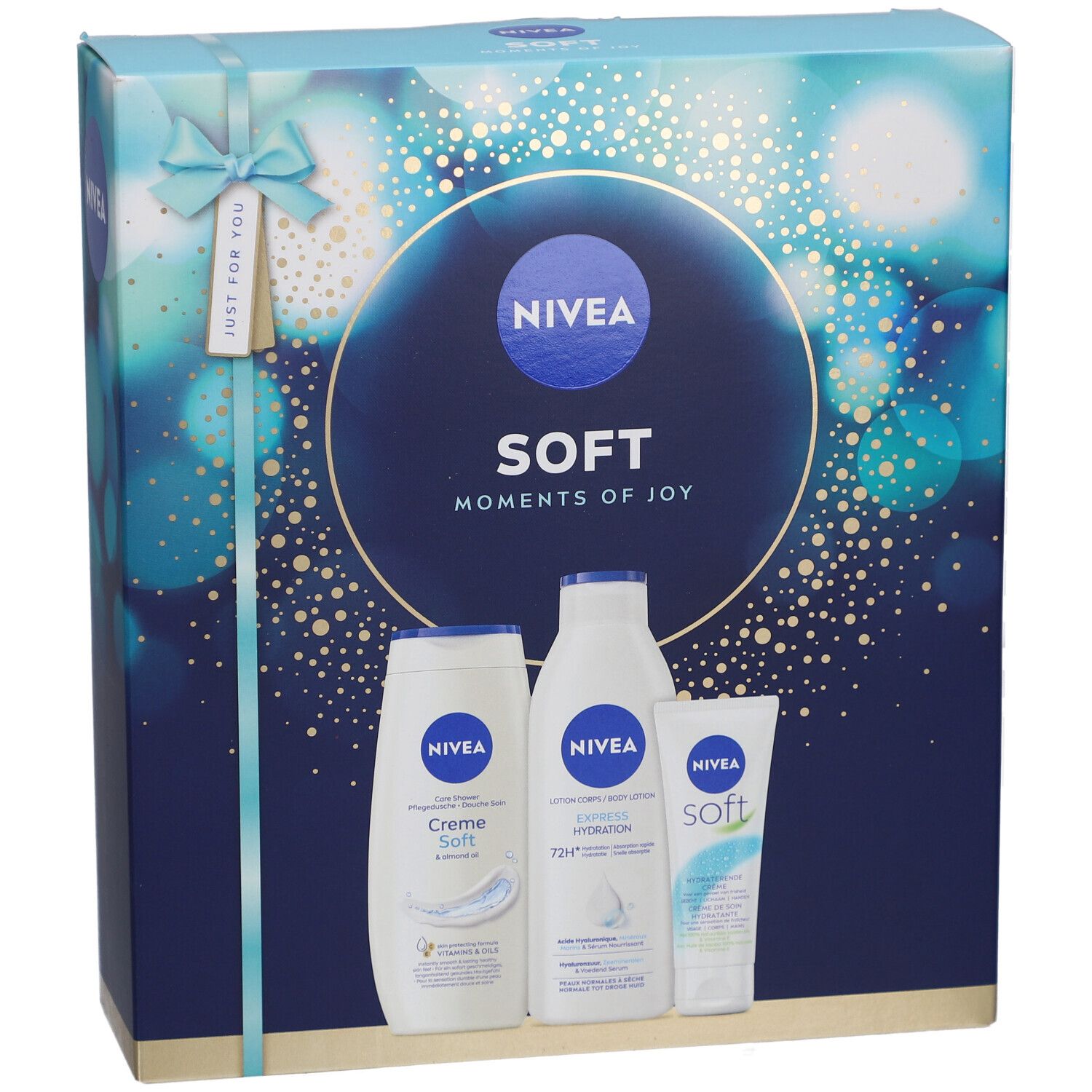 Geschenkverpakking met drie NIVEA-producten. Blauwe verpakking met strik en productafbeeldingen. Opschrift: SOFT Moments of Joy.