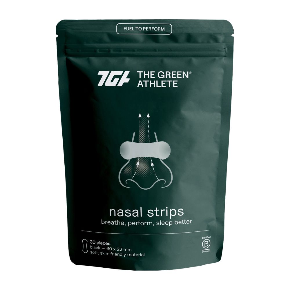 Donkergroene verpakking met neusstrips-illustratie. Tekst: The Green Athlete, neusstrips, adem, presteer, slaap beter, 30 stuks, 60 x 22 mm.