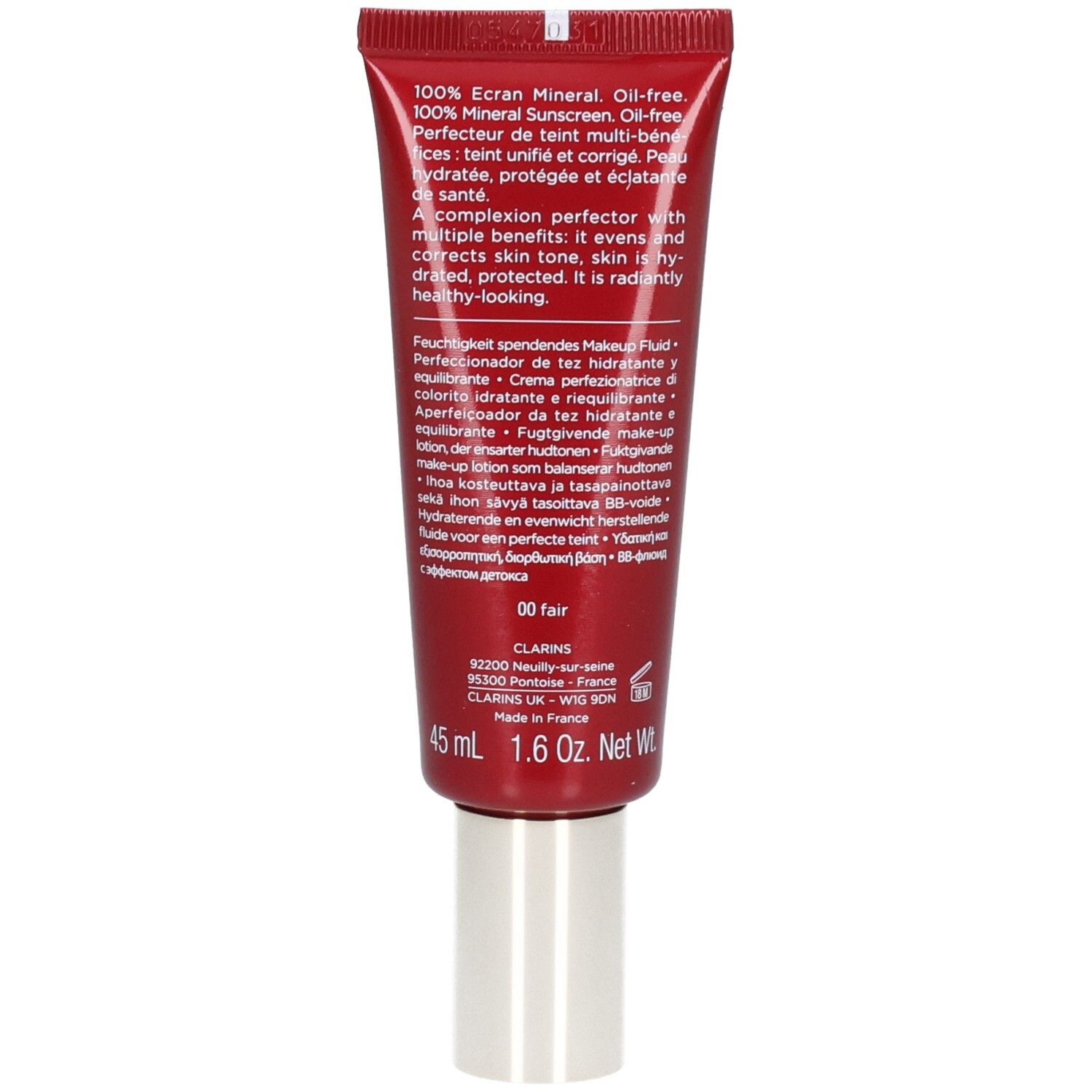 Achterkant van de Clarins BB Skin Detox Fluid SPF 25 tube met productinformatie en 45 ml.