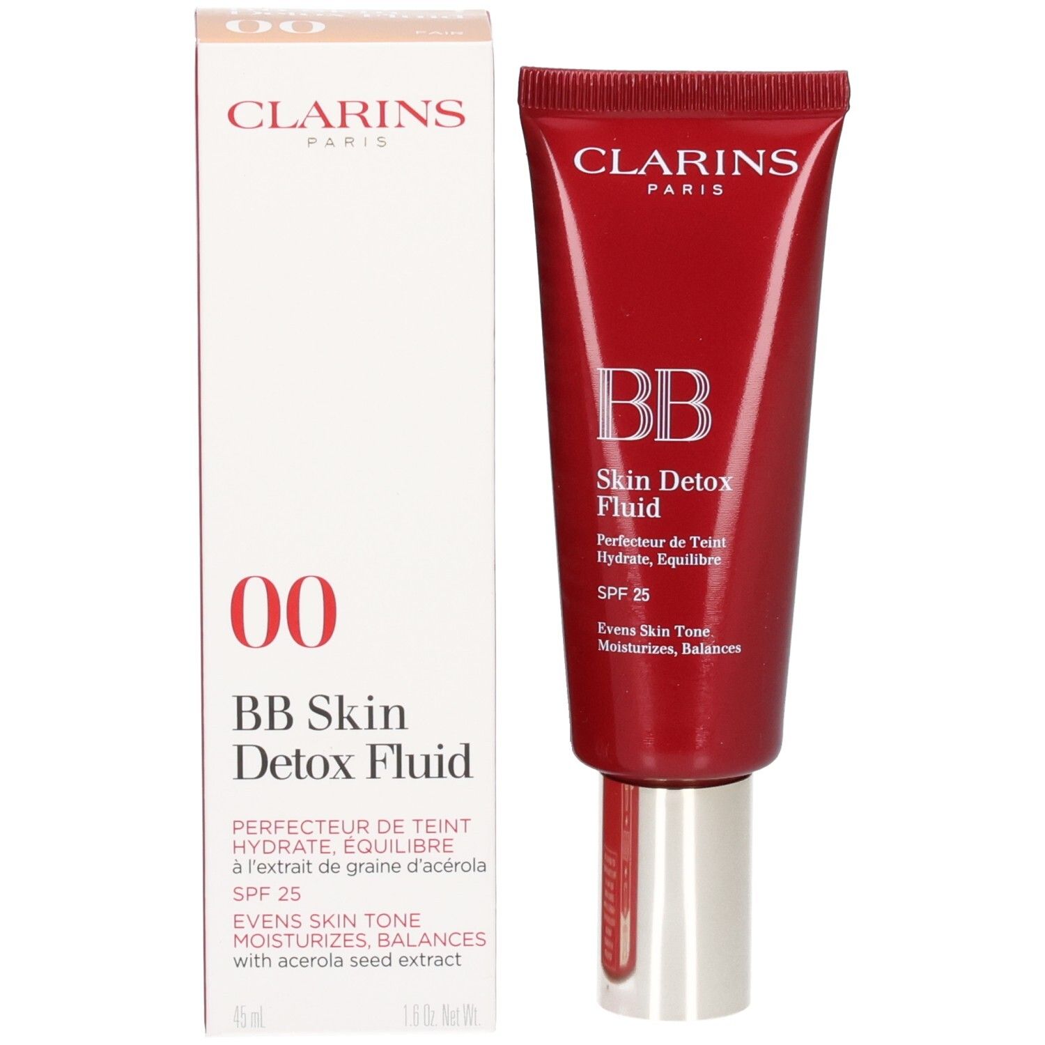 Clarins BB Skin Detox Fluid SPF 25, 00 Fair, met verpakking. Rode tube en witte doos.