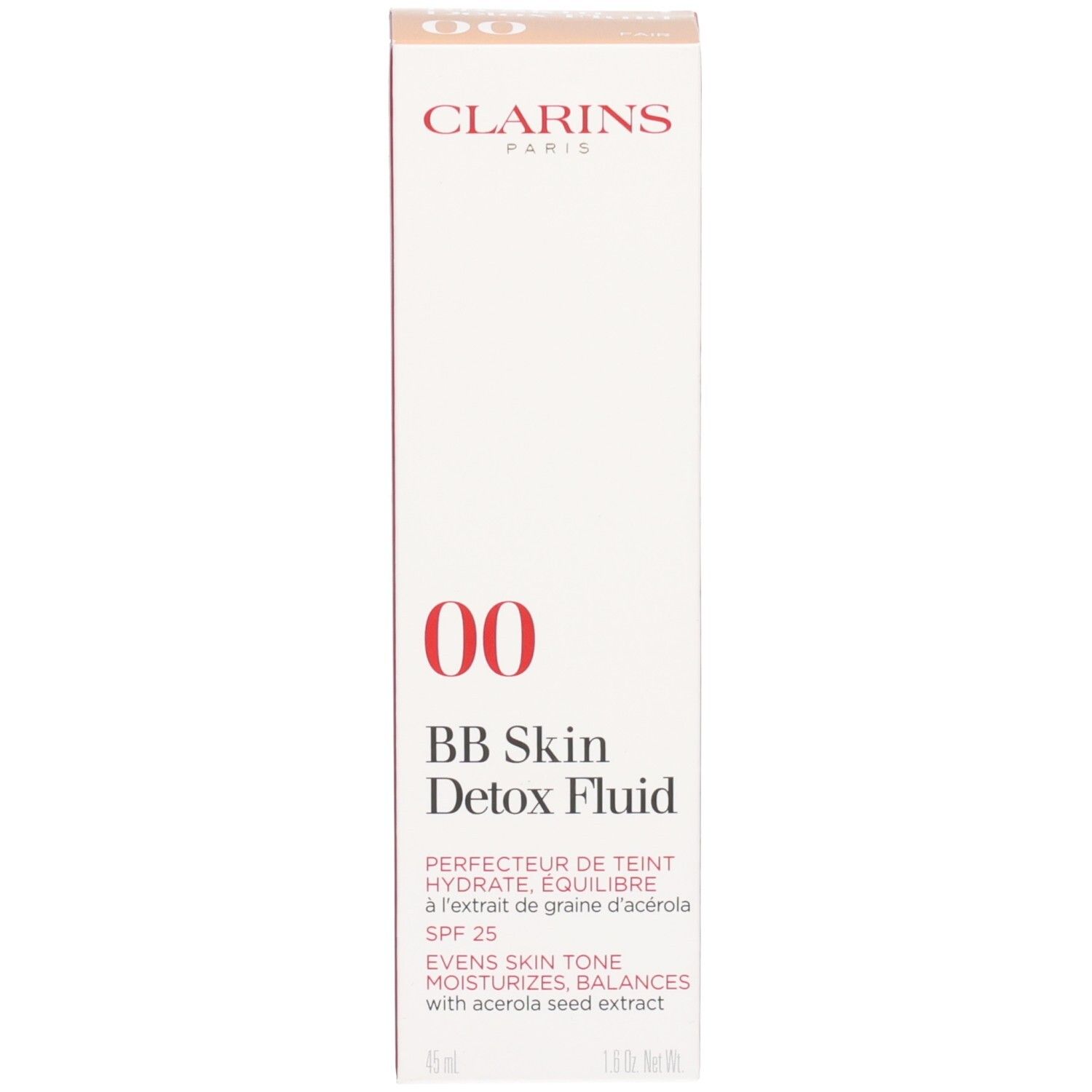 Verpakking van Clarins BB Skin Detox Fluid SPF 25, 00 Fair, met productinformatie.