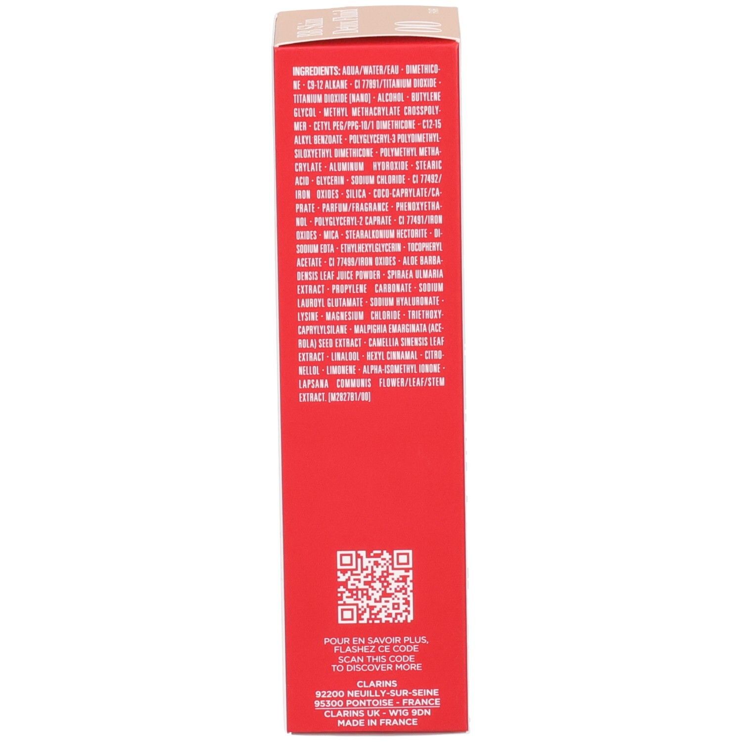 Zijkant van de Clarins BB Skin Detox Fluid SPF 25 doos met ingrediënten en QR-code.