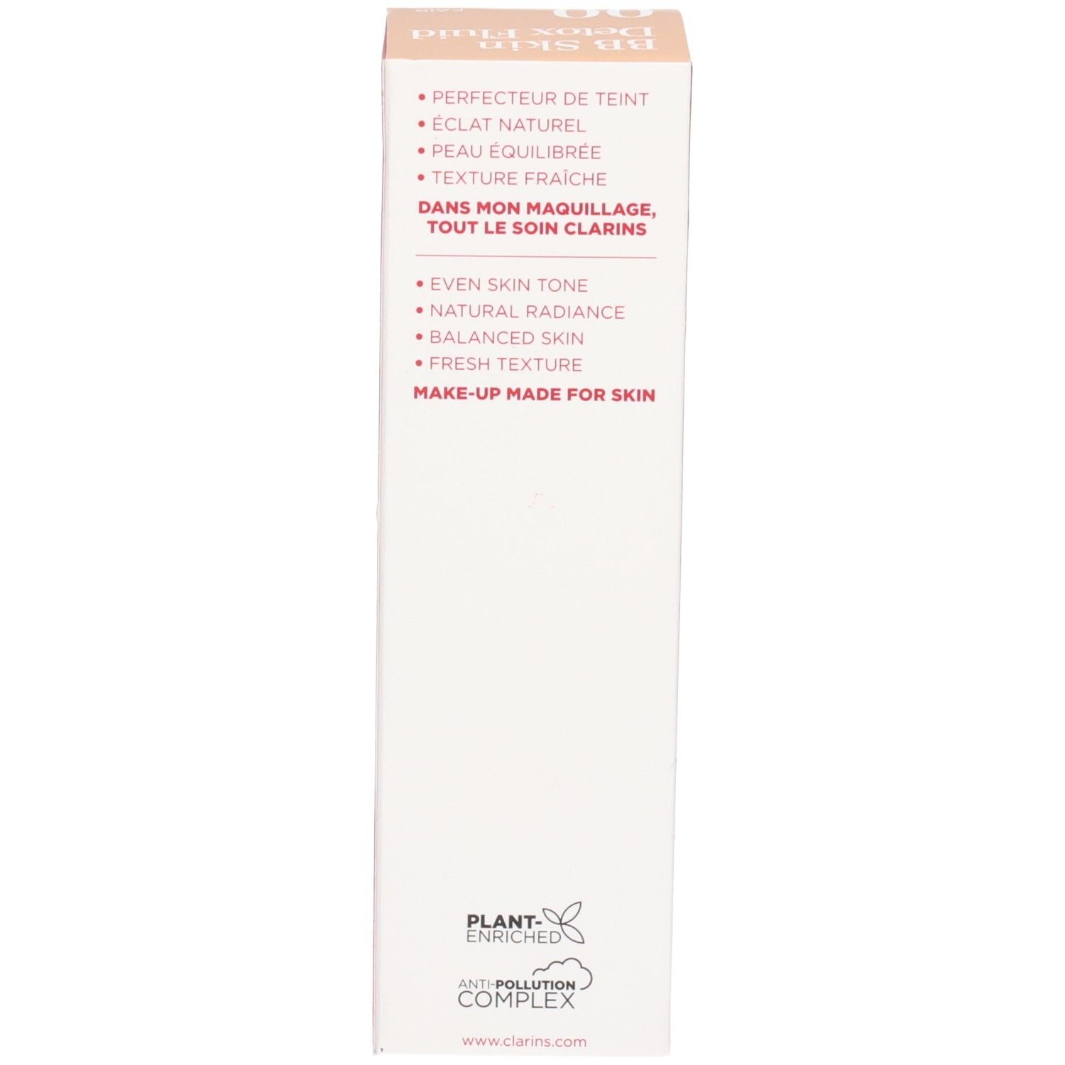 Zijkant van de Clarins BB Skin Detox Fluid SPF 25 doos met productvoordelen en logo.