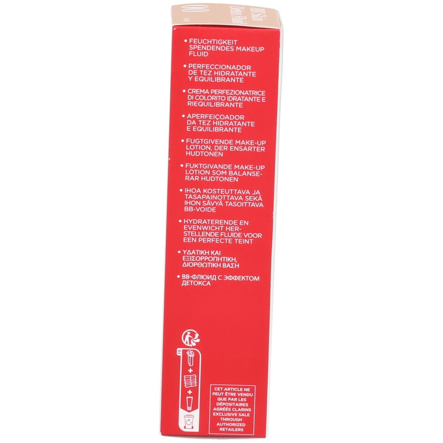 Zijkant van de Clarins BB Skin Detox Fluid SPF 25 doos met meertalige productbeschrijvingen.