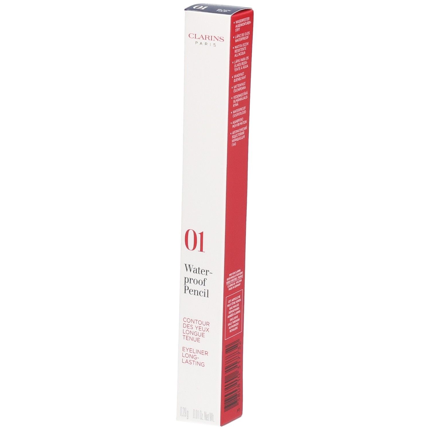 Clarins Waterproof Eye Pencil 01, Black Tulip. Rode en witte verpakking met productinformatie.