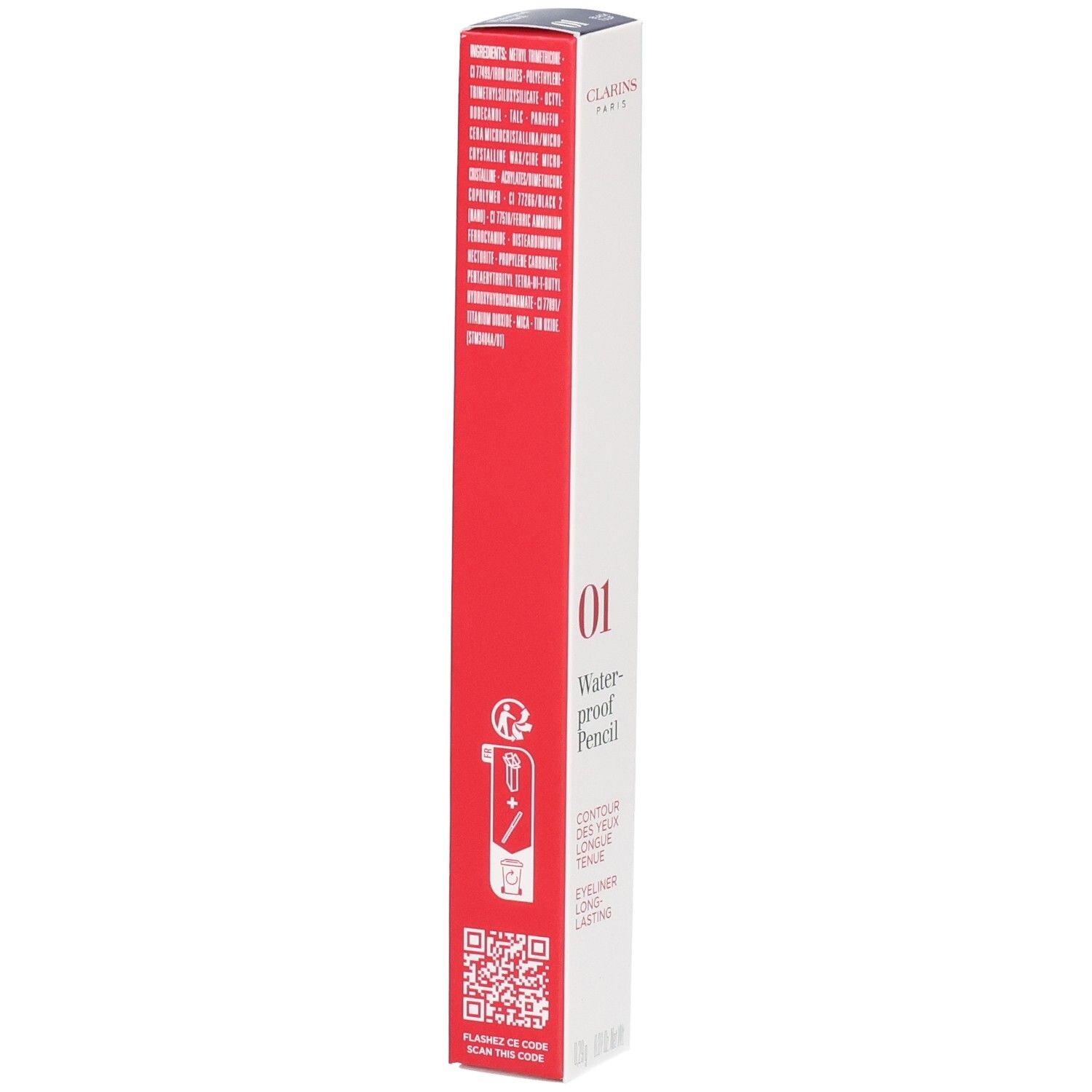 Clarins Waterproof Eye Pencil 01, Black Tulip. Rode en witte verpakking met productinformatie en QR-code.