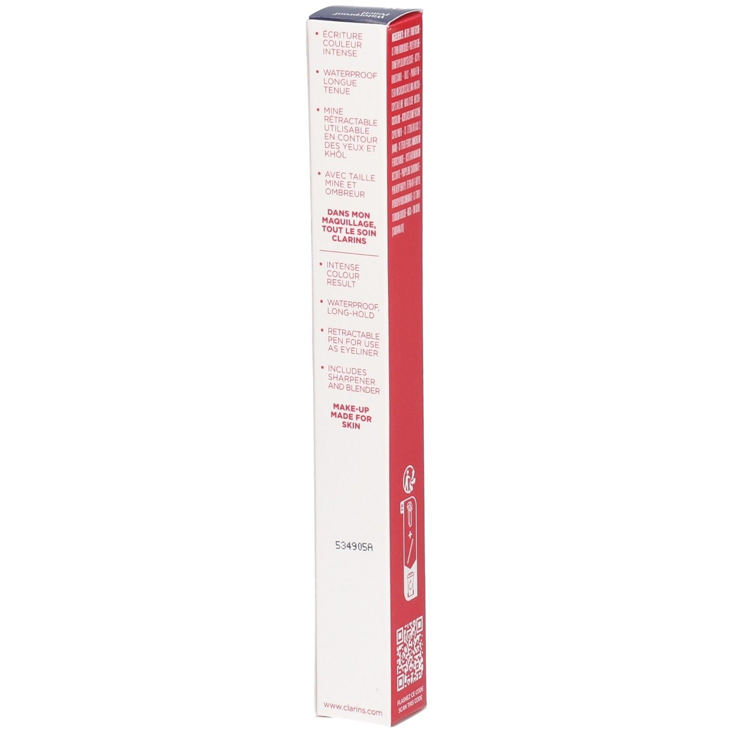 Clarins Waterproof Eye Pencil 01, Black Tulip. Rode en witte verpakking met productkenmerken en barcode.