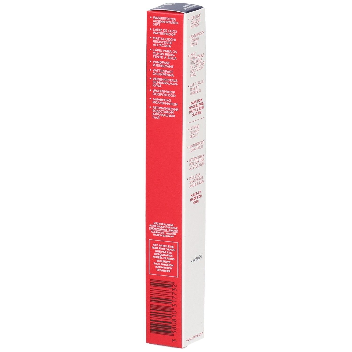 Clarins Waterproof Eye Pencil 01, Black Tulip. Rode en witte verpakking met meertalige productinformatie.