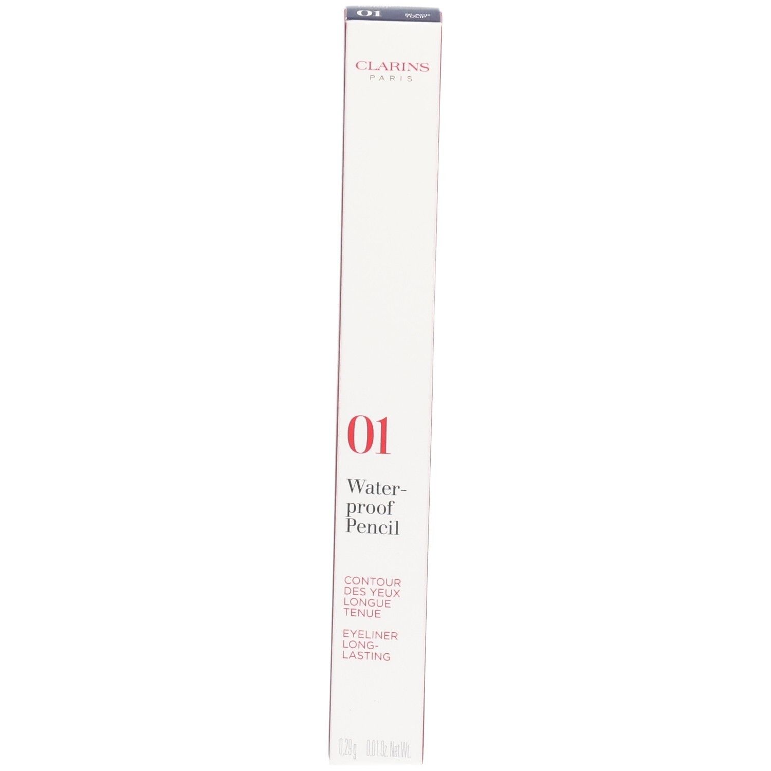 Clarins Waterproof Eye Pencil 01, Black Tulip. Rode en witte verpakking met productinformatie.