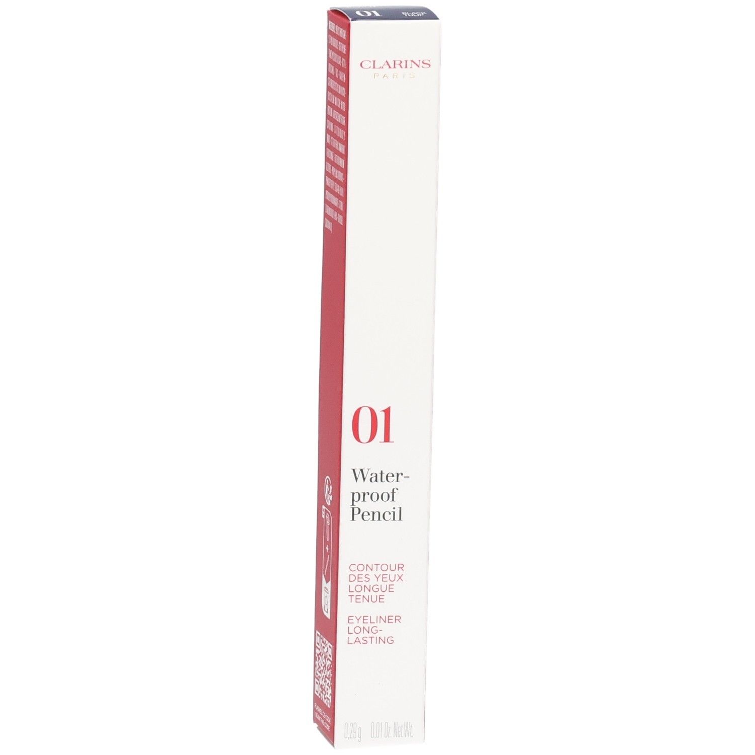 Clarins Waterproof Eye Pencil 01, Black Tulip. Rode en witte verpakking met productinformatie en QR-code.
