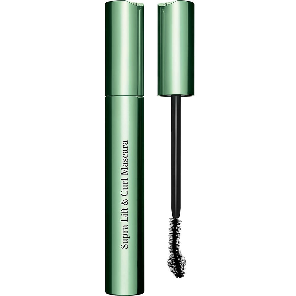 Clarins Supra Lift & Curl Mascara in glanzende groene huls, met geopende dop en borstelapplicator.