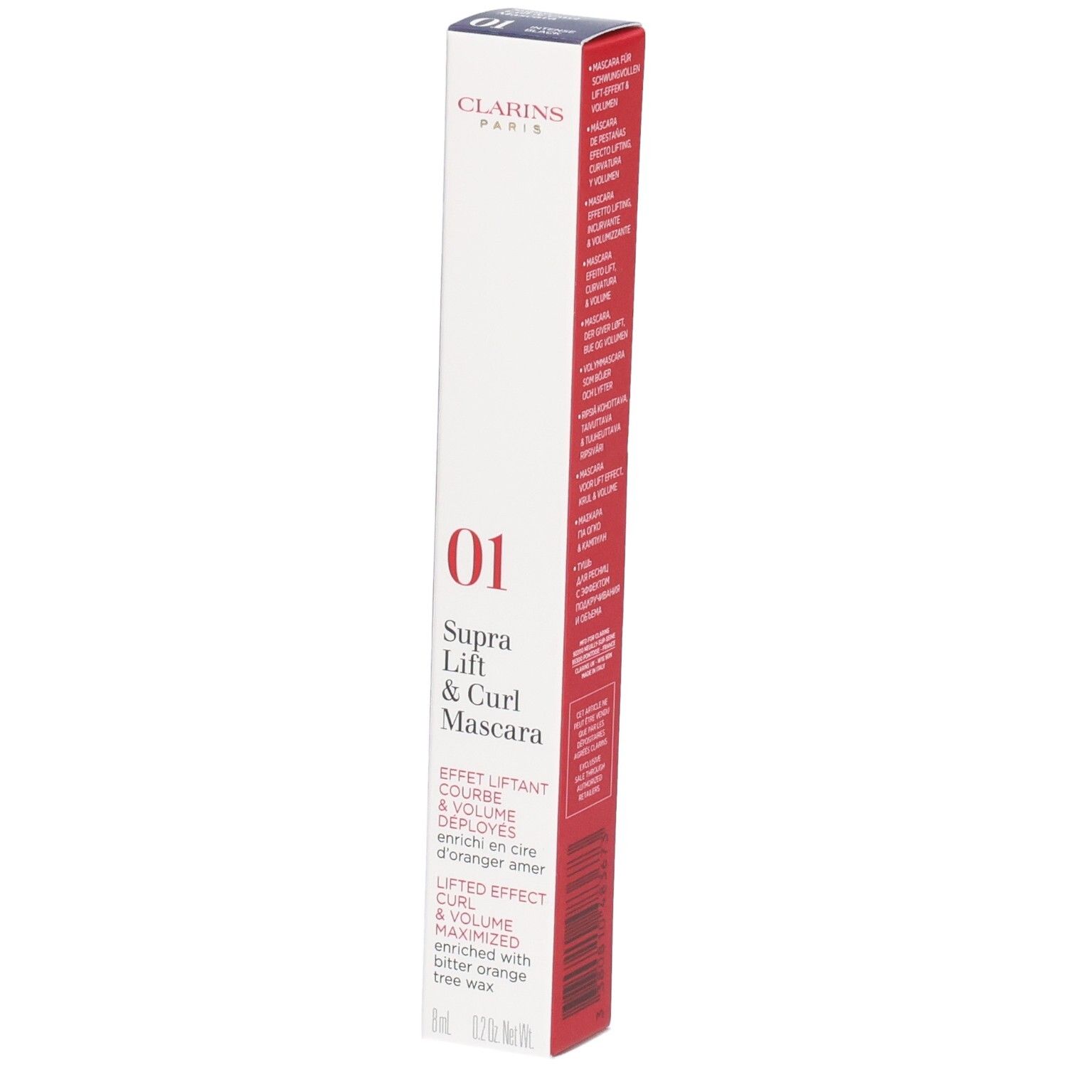 Emballage du mascara Clarins Supra Lift & Curl, couleur 01, avec informations produit et code-barres.