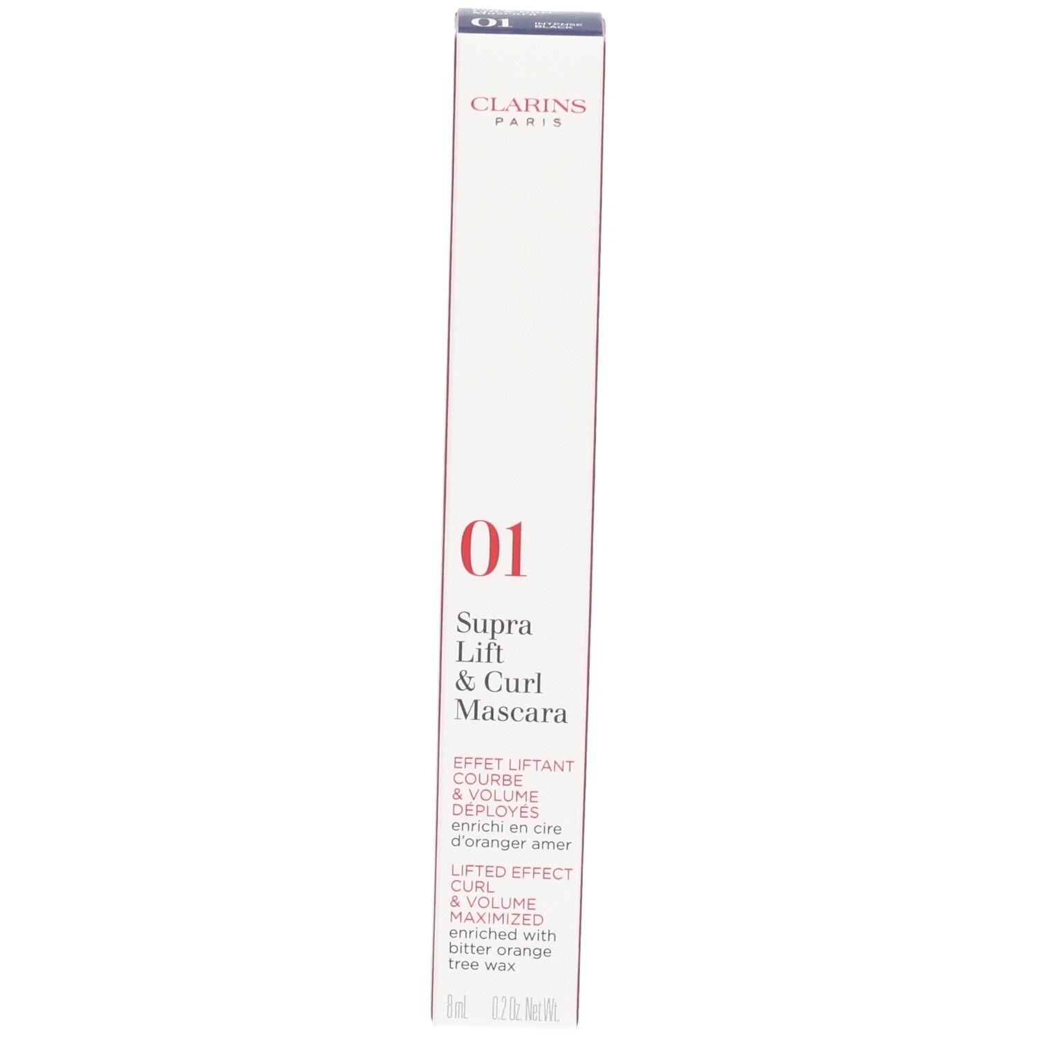 Emballage du mascara Clarins Supra Lift & Curl, face avant avec logo, nom produit et numéro couleur 01.