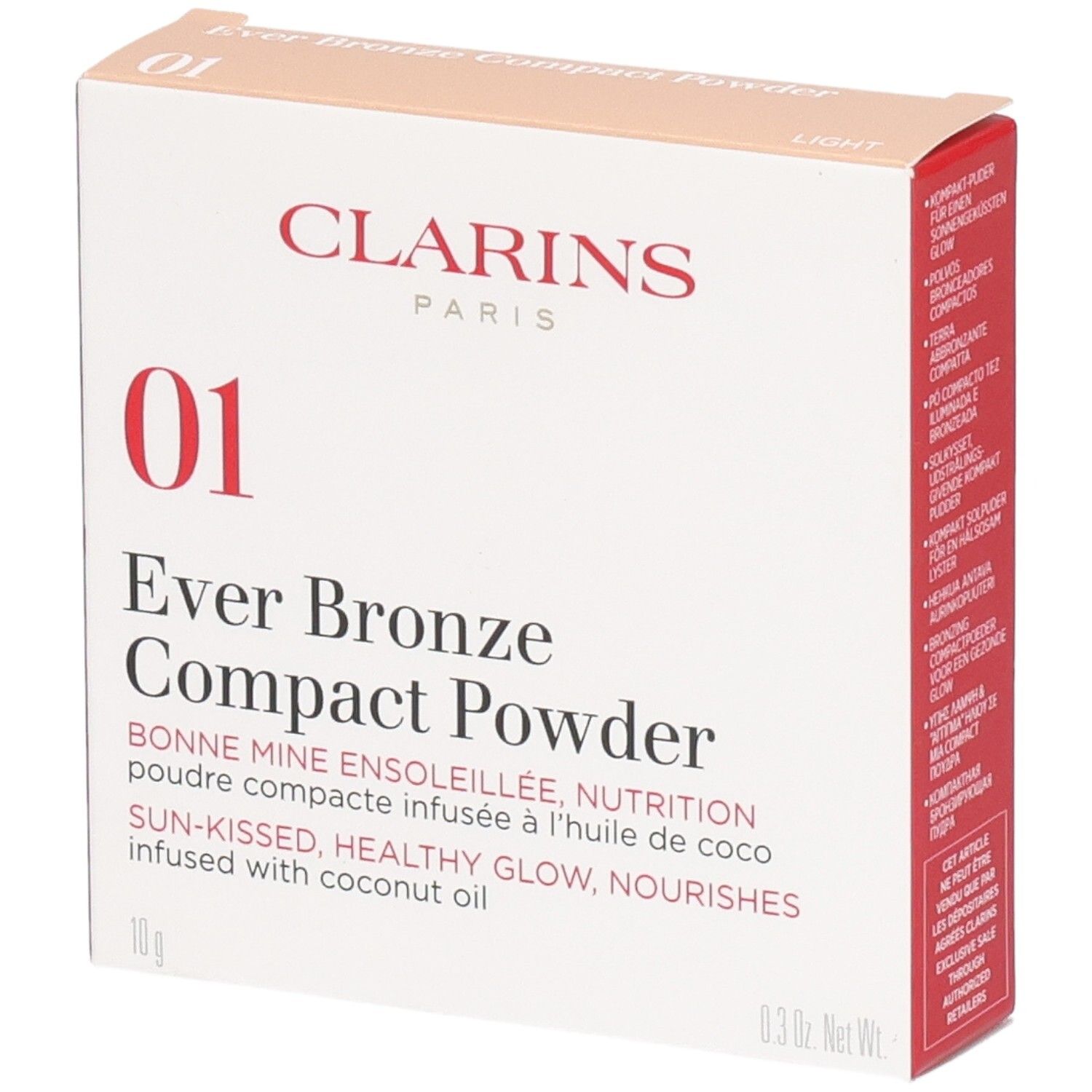 Clarins Ever Bronze Compact Powder 01 Light verpakking. Met productinformatie en merknaam.