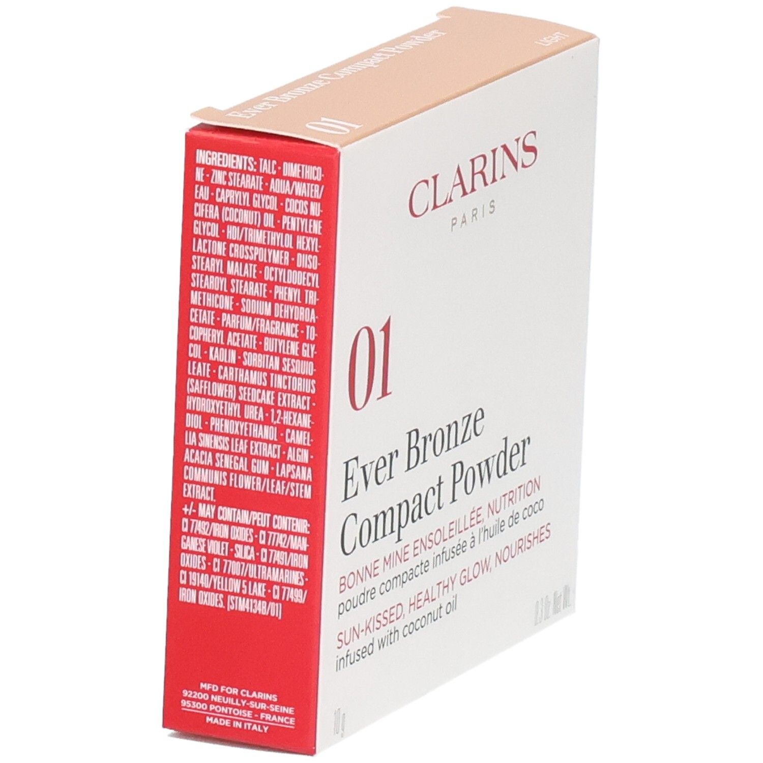 Clarins Ever Bronze Compact Powder 01 Light verpakking, zijkant met ingrediënten en productielocatie.