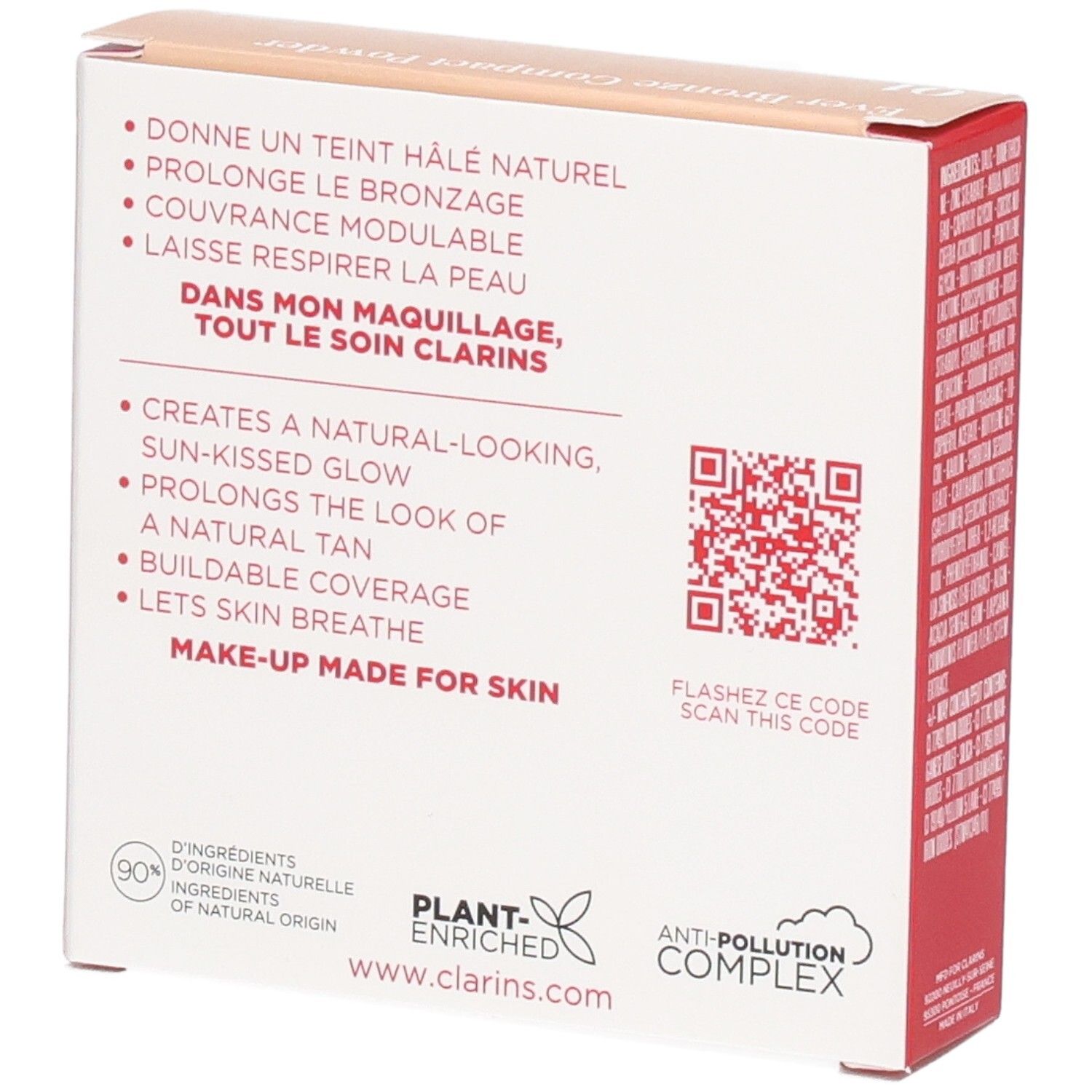 Clarins Ever Bronze Compact Powder 01 Light verpakking, achterkant met productvoordelen en QR-code.