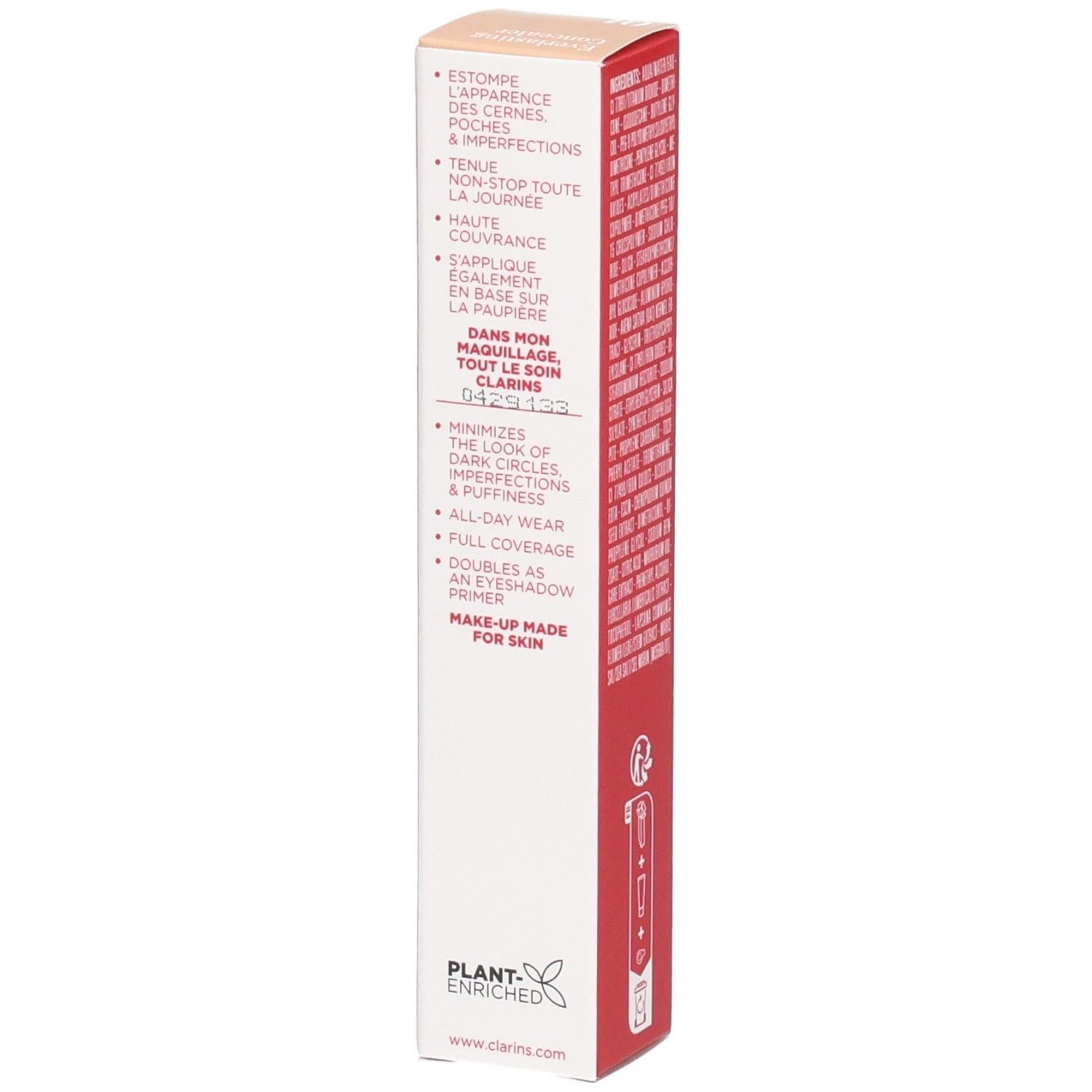 Clarins Everlasting Concealer, teinte 01, côté de l'emballage carton avec avantages produit.