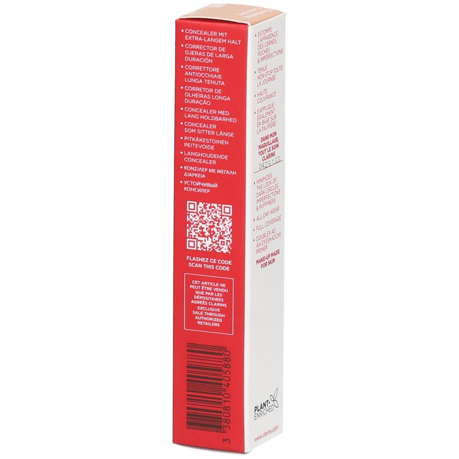 Clarins Everlasting Concealer, teinte 01, côté de l'emballage carton avec QR code et code-barres.