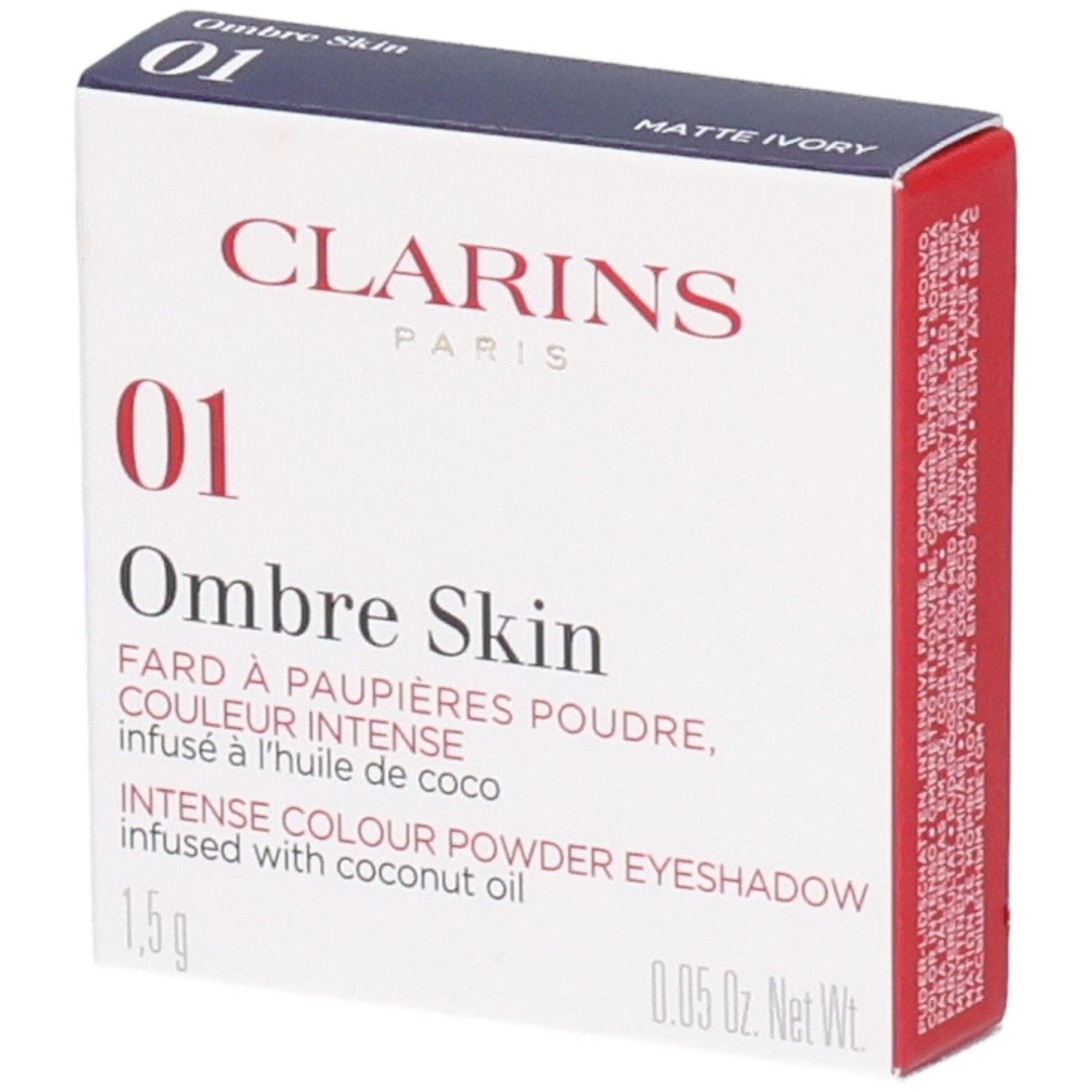 Clarins Ombre Skin 01 Matte Ivory, emballage de fard à paupières. Contient 1,5g.