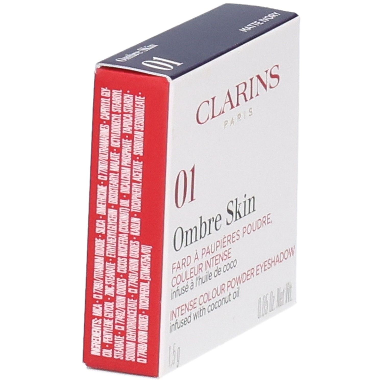 Clarins Ombre Skin 01 Matte Ivory, emballage de fard à paupières, verso avec ingrédients.