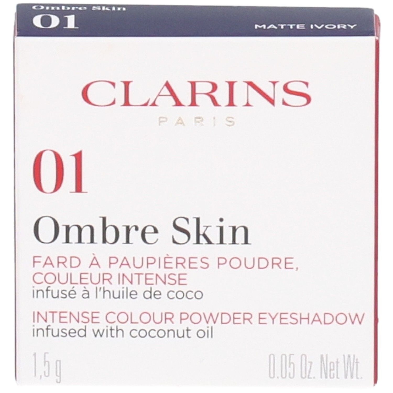 Clarins Ombre Skin 01 Matte Ivory, emballage de fard à paupières. Contient 1,5g.