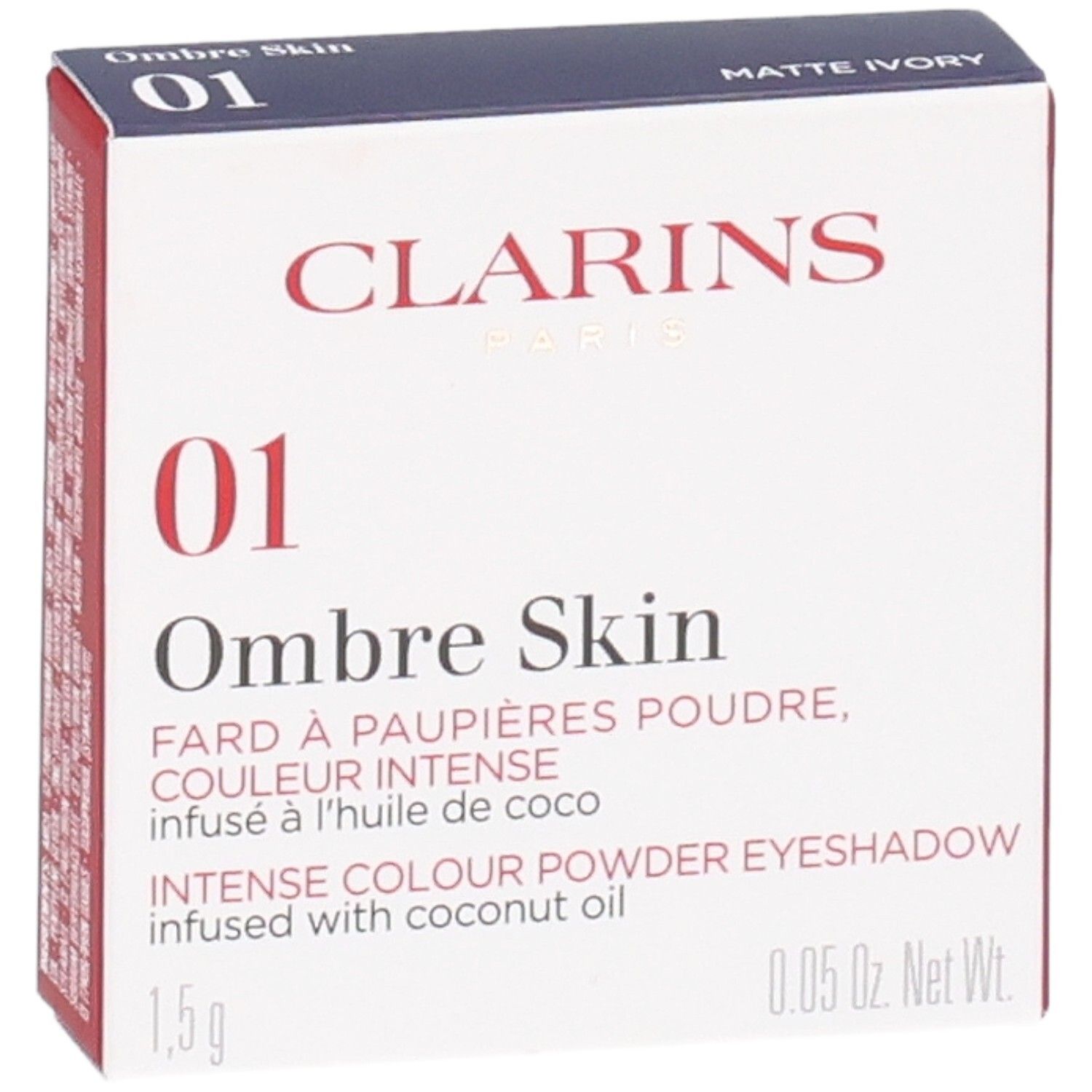 Clarins Ombre Skin 01 Matte Ivory, emballage de fard à paupières. Contient 1,5g.